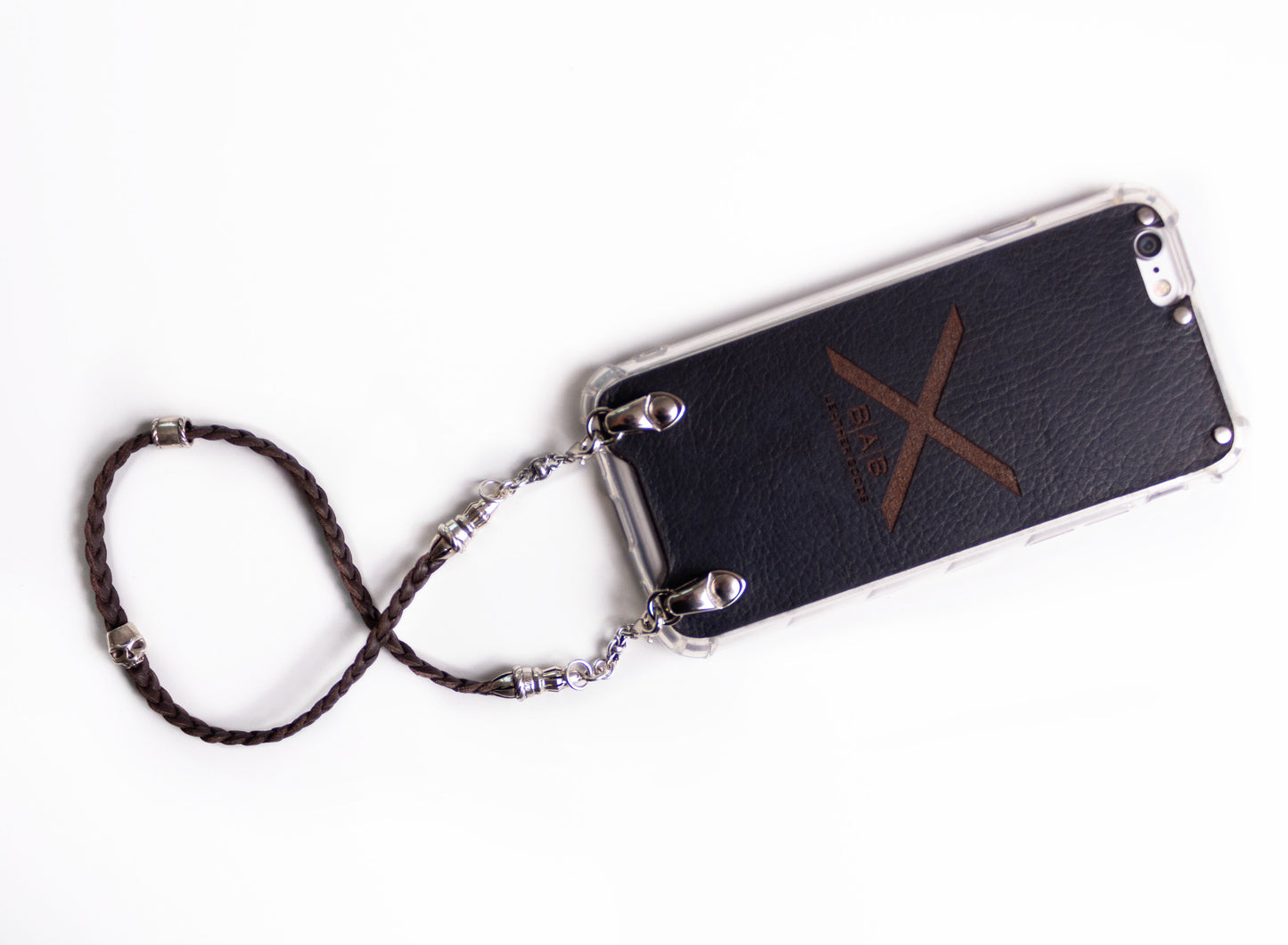 Funda de Cuero Genuino Full-Grain cortado y grabado con láser/microfibra. 2 Terminales Cuerda, 1 Pasador Cuerda, 2 Eslabones, 1 Calavera y 6 anillos, de Plata 925 & Correa/Gargantilla/Pulsera de Cuero con 3 cabos trenzados a mano, Marrón o Negro.- F03