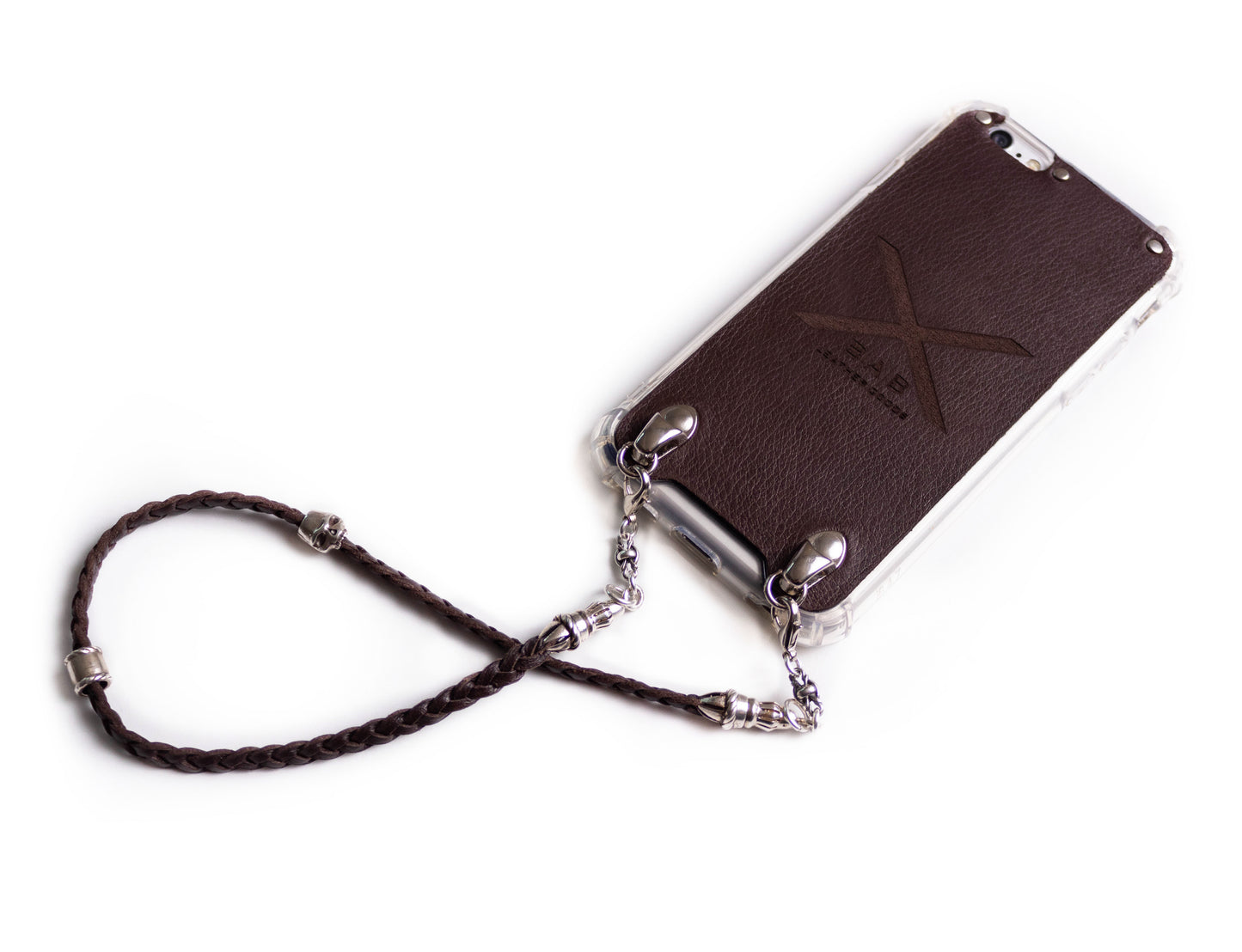 Funda de Cuero Genuino Full-Grain cortado y grabado con láser/microfibra. 2 Terminales Cuerda, 1 Pasador Cuerda, 2 Eslabones, 1 Calavera y 6 anillos, de Plata 925 & Correa/Gargantilla/Pulsera de Cuero con 3 cabos trenzados a mano, Marrón o Negro.- F03