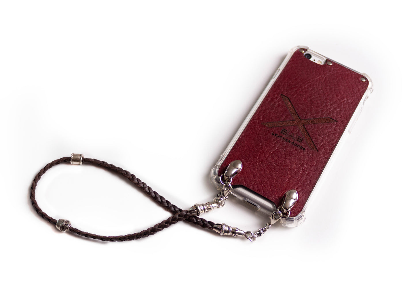 Funda de Cuero Genuino Full-Grain cortado y grabado con láser/microfibra. 2 Terminales Cuerda, 1 Pasador Cuerda, 2 Eslabones, 1 Calavera y 6 anillos, de Plata 925 & Correa/Gargantilla/Pulsera de Cuero con 3 cabos trenzados a mano, Marrón o Negro.- F03