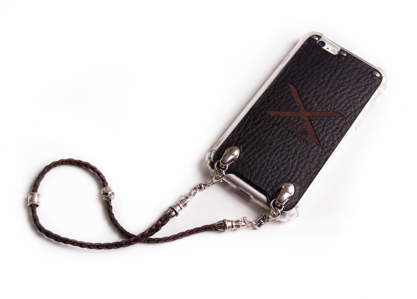 Funda de Cuero Genuino Full-Grain cortado y grabado con láser/microfibra. 2 Terminales Cuerda, 1 Pasador Cuerda, 2 Eslabones, 1 Calavera y 6 anillos, de Plata 925 & Correa/Gargantilla/Pulsera de Cuero con 3 cabos trenzados a mano, Marrón o Negro.- F03