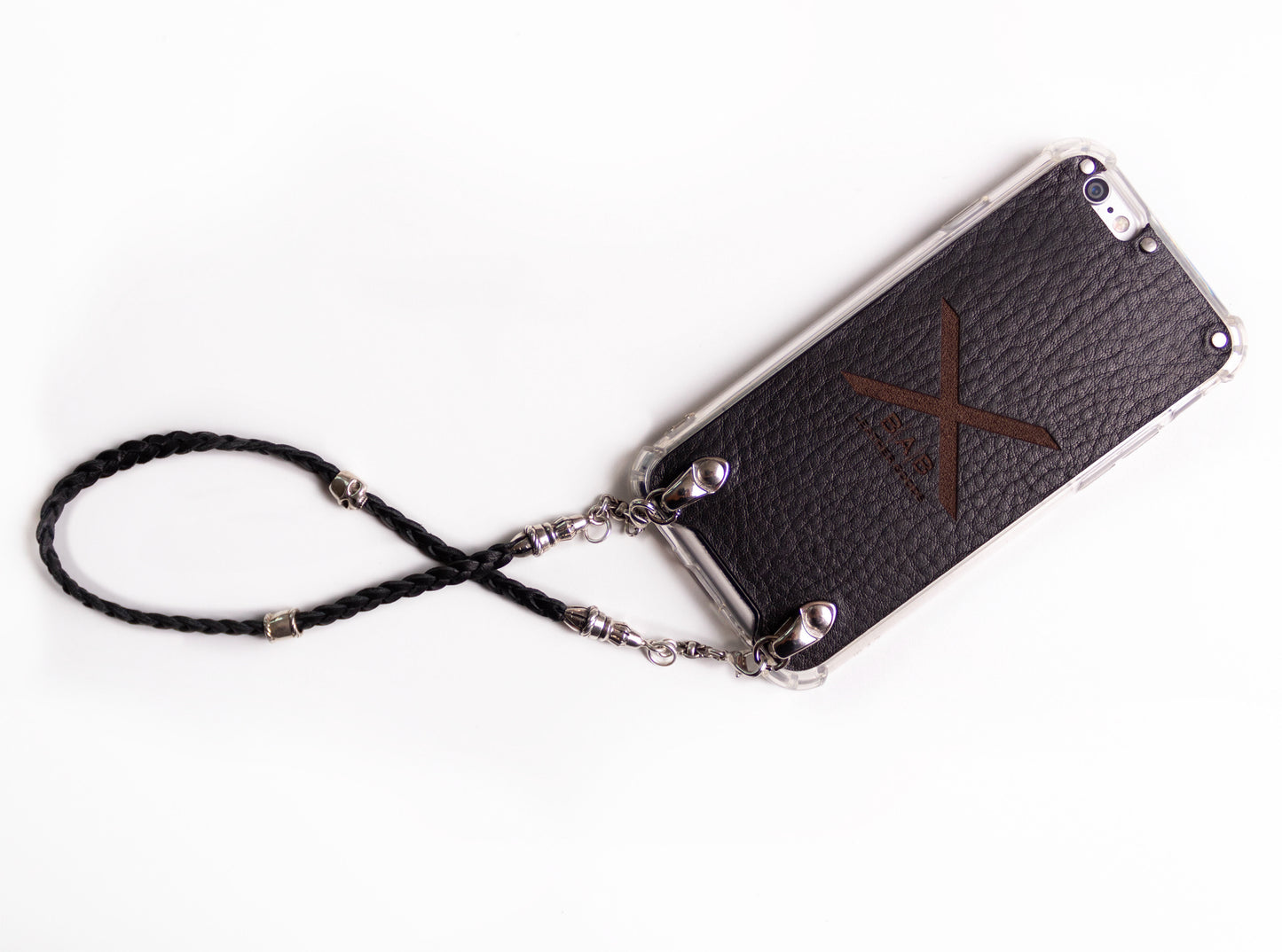 Funda de Cuero Genuino Full-Grain cortado y grabado con láser/microfibra. 2 Terminales Cuerda, 1 Pasador Cuerda, 2 Eslabones, 1 Calavera y 6 anillos, de Plata 925 & Correa/Gargantilla/Pulsera de Cuero con 3 cabos trenzados a mano, Marrón o Negro.- F03