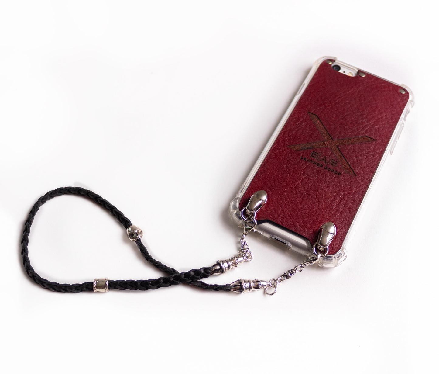 Funda de Cuero Genuino Full-Grain cortado y grabado con láser/microfibra. 2 Terminales Cuerda, 1 Pasador Cuerda, 2 Eslabones, 1 Calavera y 6 anillos, de Plata 925 & Correa/Gargantilla/Pulsera de Cuero con 3 cabos trenzados a mano, Marrón o Negro.- F03