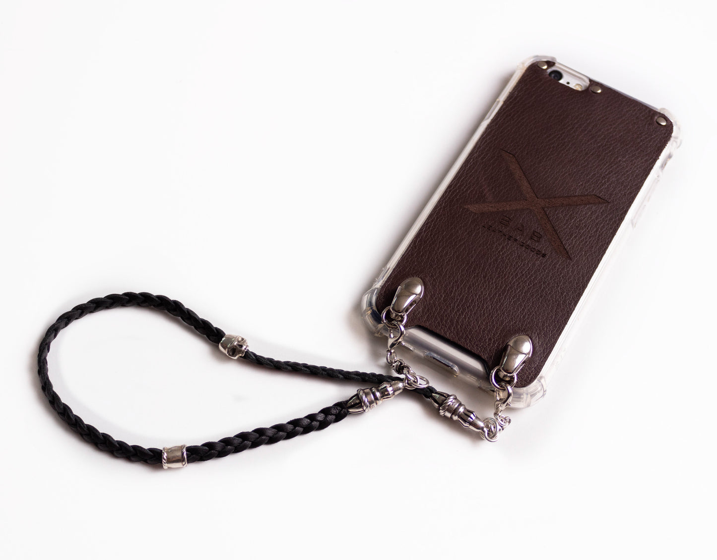 Funda de Cuero Genuino Full-Grain cortado y grabado con láser/microfibra. 2 Terminales Cuerda, 1 Pasador Cuerda, 2 Eslabones, 1 Calavera y 6 anillos, de Plata 925 & Correa/Gargantilla/Pulsera de Cuero con 3 cabos trenzados a mano, Marrón o Negro.- F03