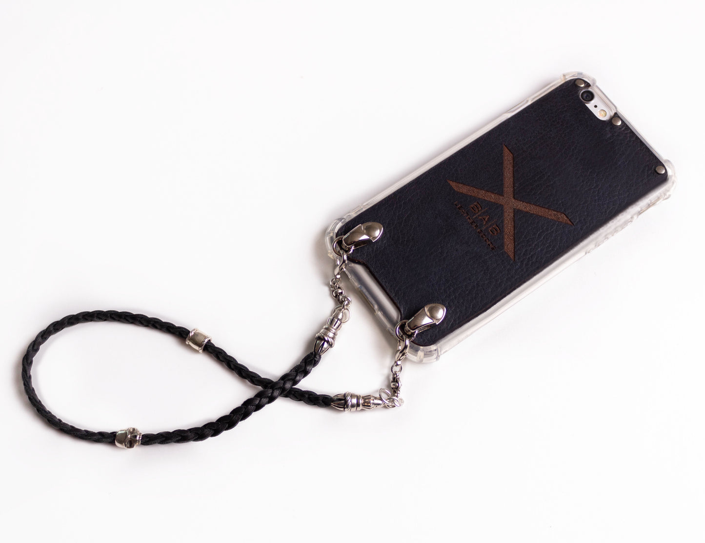 Funda de Cuero Genuino Full-Grain cortado y grabado con láser/microfibra. 2 Terminales Cuerda, 1 Pasador Cuerda, 2 Eslabones, 1 Calavera y 6 anillos, de Plata 925 & Correa/Gargantilla/Pulsera de Cuero con 3 cabos trenzados a mano, Marrón o Negro.- F03