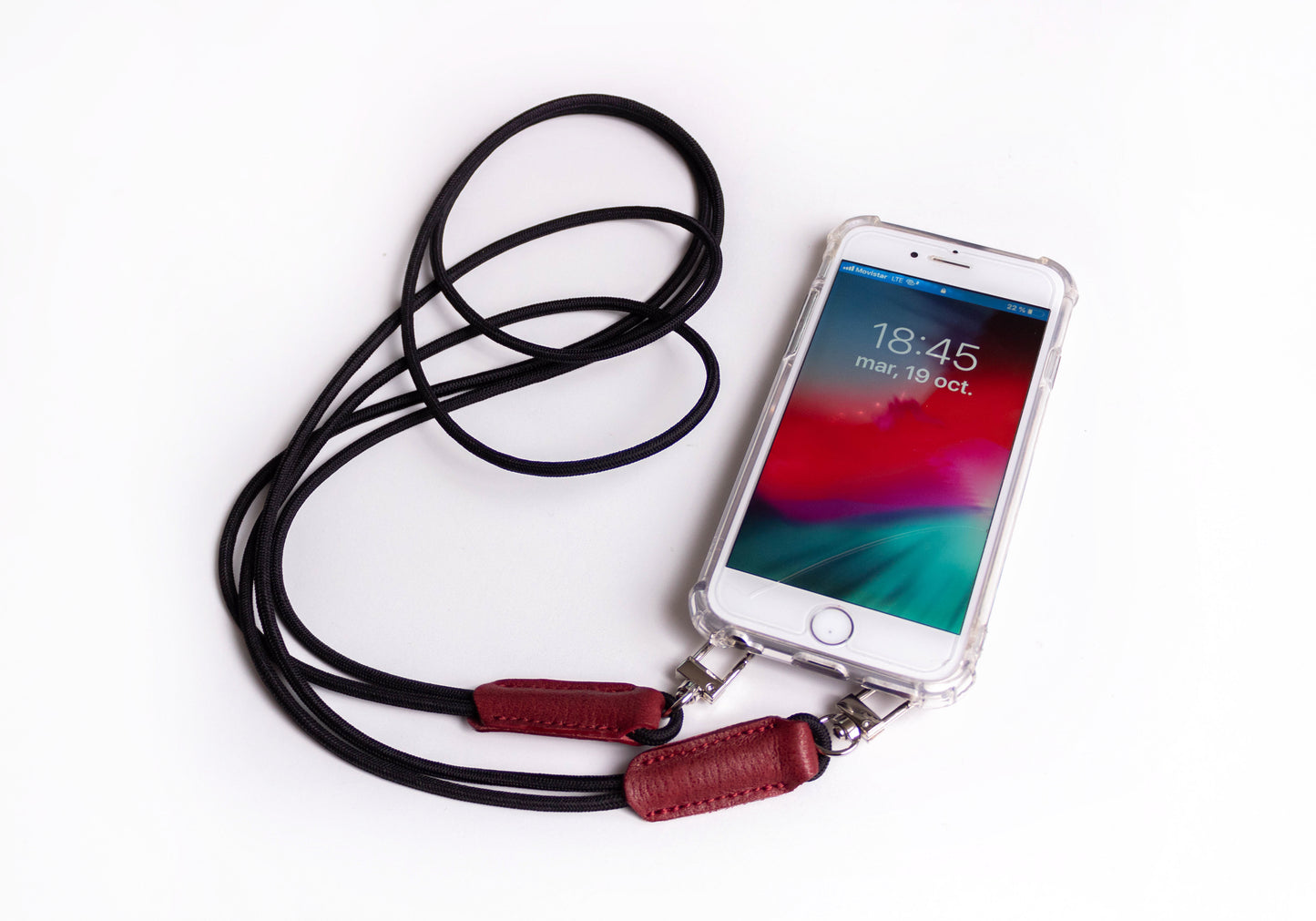 Funda de Cuero Genuino Full-Grain curtido vegetal al tanino para iPhone cortado y grabado con láser/microfibra & Crossbody doble de Cuerda Elástica Negra con 2 Terminales de Cuero Full-Grain.- F13