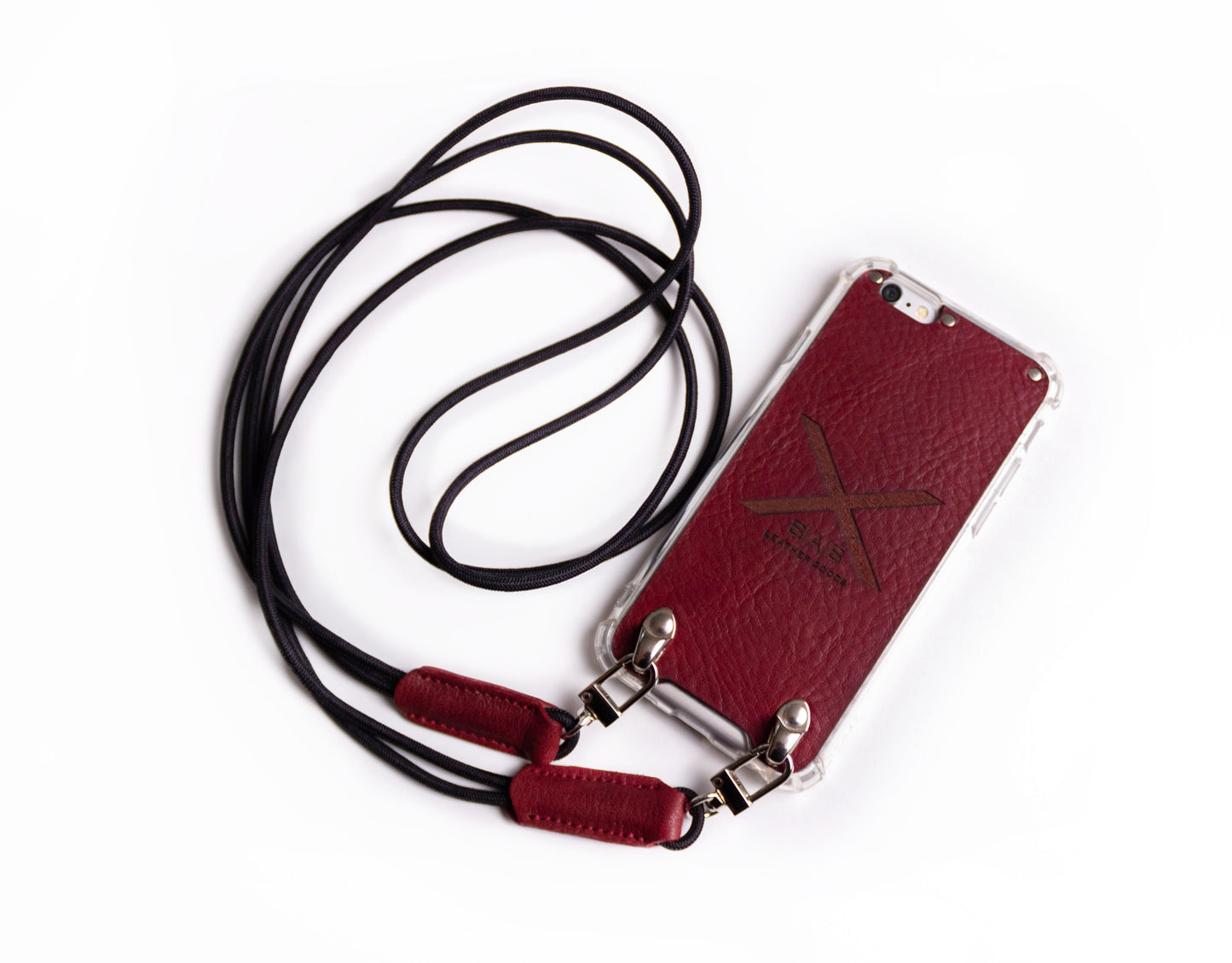 Funda de Cuero Genuino Full-Grain curtido vegetal al tanino para iPhone cortado y grabado con láser/microfibra & Crossbody doble de Cuerda Elástica Negra con 2 Terminales de Cuero Full-Grain.- F13