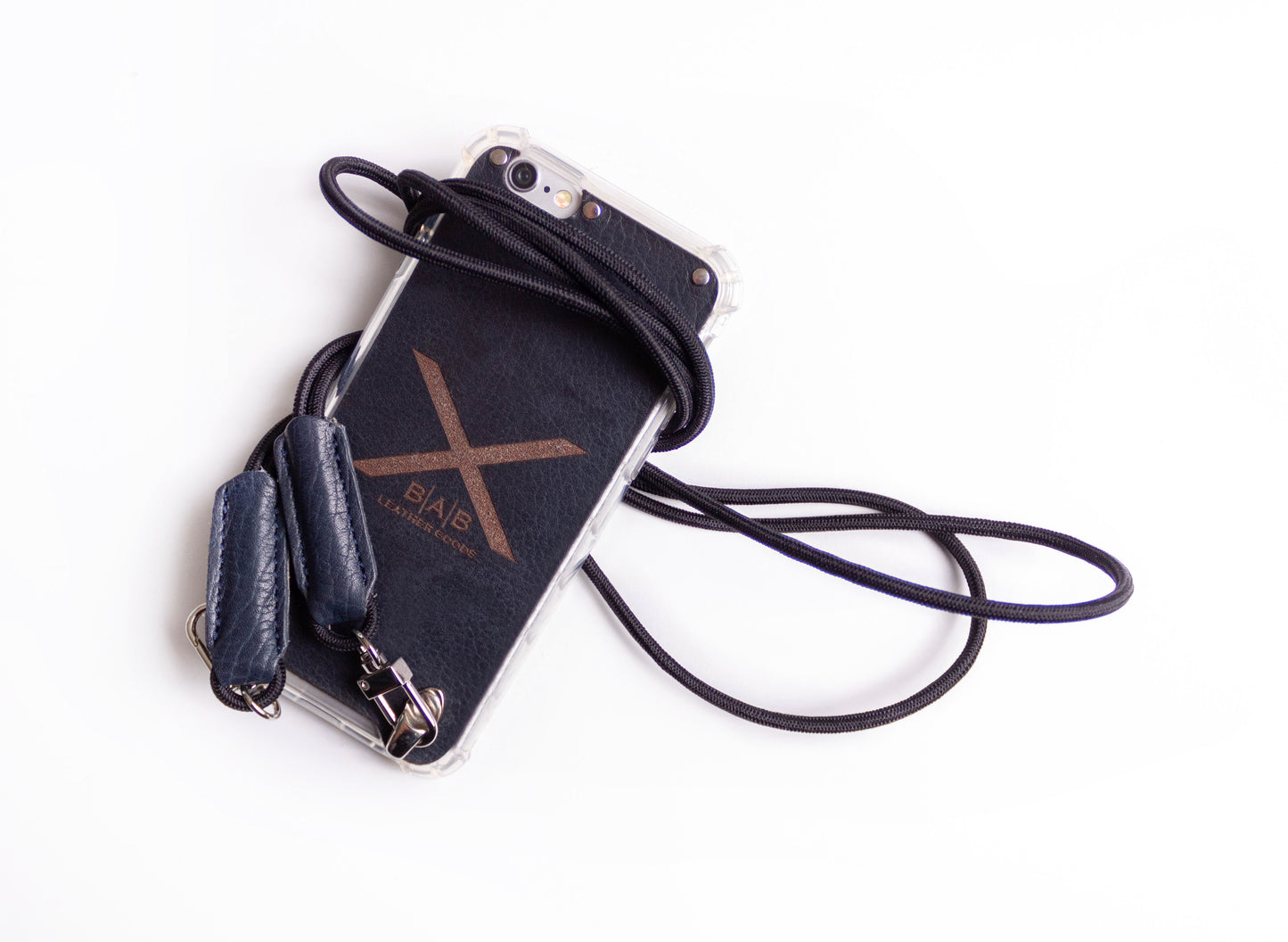 Funda de Cuero Genuino Full-Grain curtido vegetal al tanino para iPhone cortado y grabado con láser/microfibra & Crossbody doble de Cuerda Elástica Negra con 2 Terminales de Cuero Full-Grain.- F13