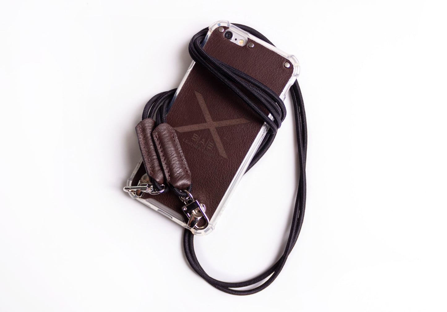 Funda de Cuero Genuino Full-Grain curtido vegetal al tanino para iPhone cortado y grabado con láser/microfibra & Crossbody doble de Cuerda Elástica Negra con 2 Terminales de Cuero Full-Grain.- F13