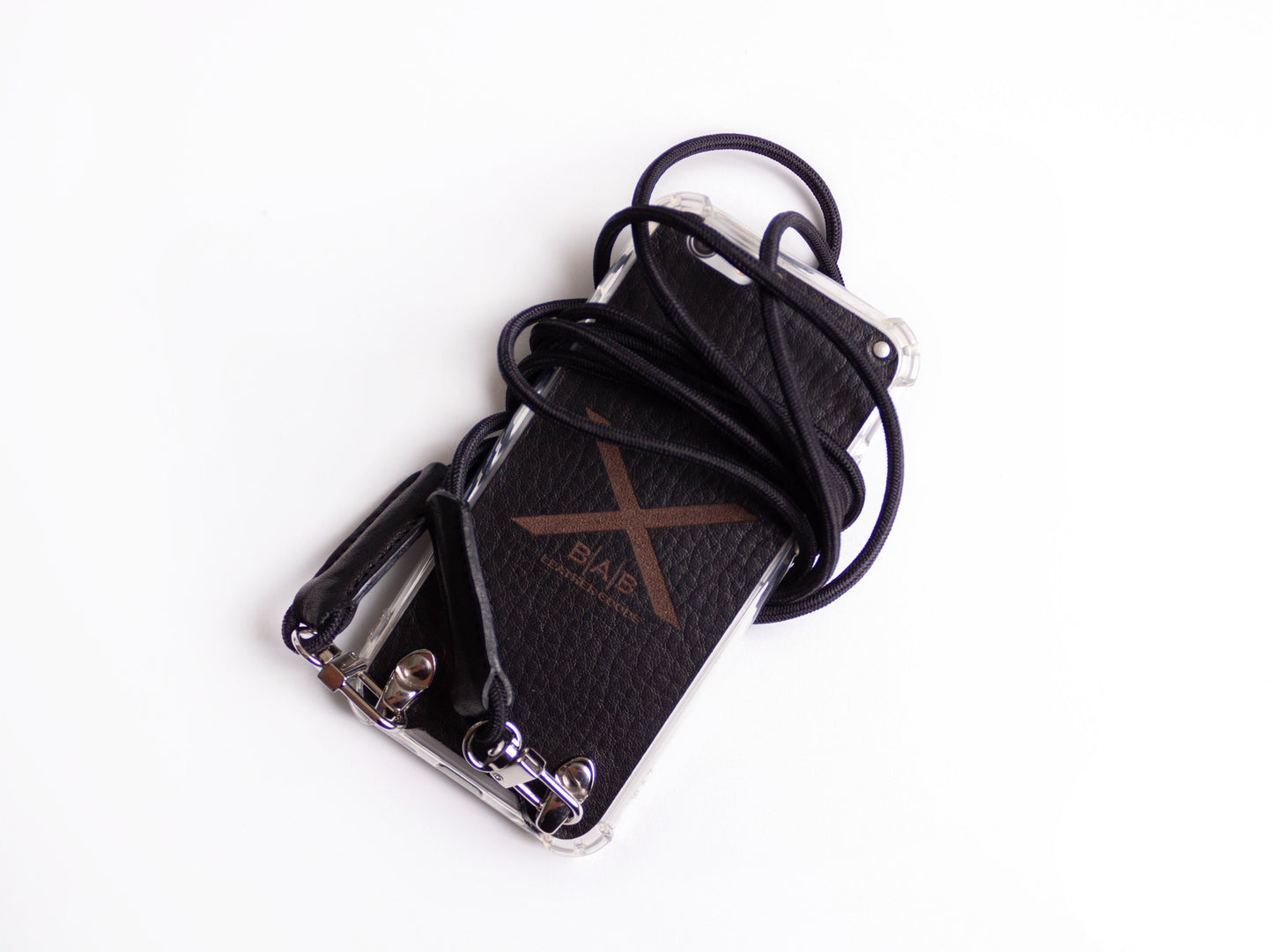 Funda de Cuero Genuino Full-Grain curtido vegetal al tanino para iPhone cortado y grabado con láser/microfibra & Crossbody doble de Cuerda Elástica Negra con 2 Terminales de Cuero Full-Grain.- F13
