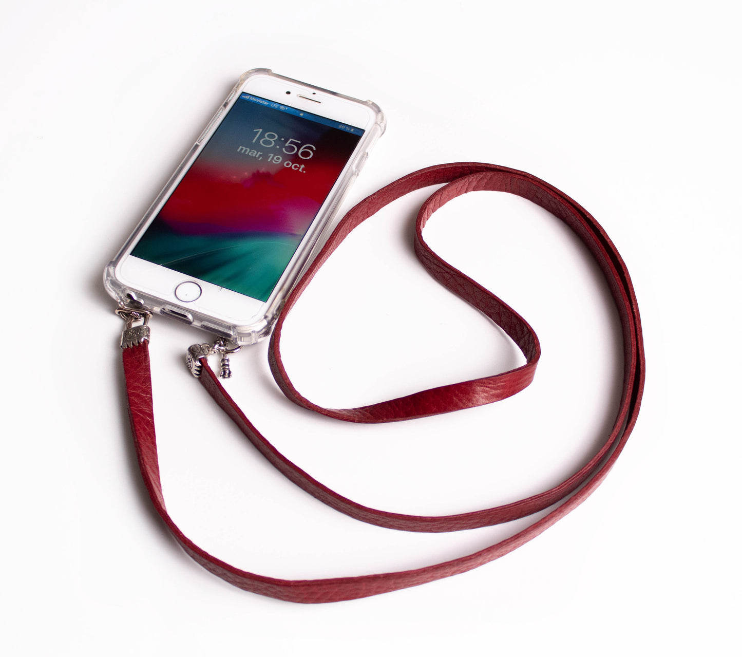 Funda de Cuero Genuino Full-Grain curtido vegetal al tanino para iPhone/microfibra. 2 Terminales Capa, 1 Bastón, 1 Cierre S y 6 Argollas, todos de Plata Esterlina 925 & Crossbody/Collar/Pulsera de Cuero Genuino doble, Azul, Marrón, Negro o Rojo.- F05