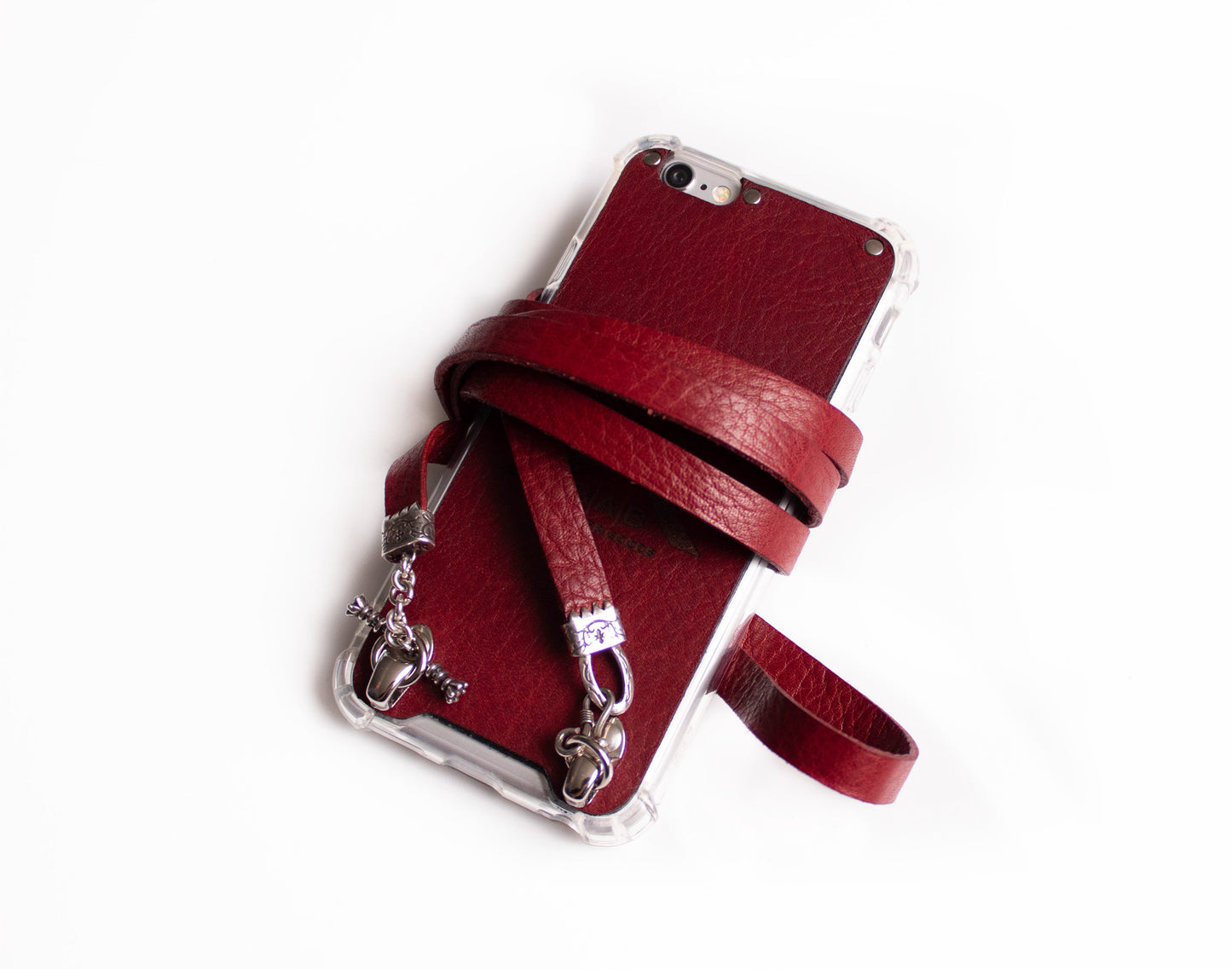 Funda de Cuero Genuino Full-Grain curtido vegetal al tanino para iPhone/microfibra. 2 Terminales Capa, 1 Bastón, 1 Cierre S y 6 Argollas, todos de Plata Esterlina 925 & Crossbody/Collar/Pulsera de Cuero Genuino doble, Azul, Marrón, Negro o Rojo.- F05