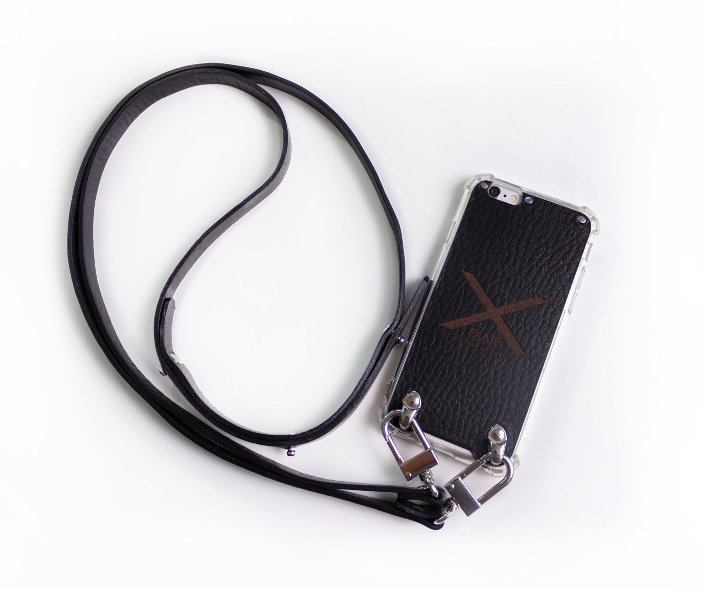 Funda de Cuero Genuino Full-Grain & Crossbody doble para iPhone curtido vegetal al tanino/microfibra, Azul, Marrón, Negro o Rojo con 2 Mosquetones y 3 Peones, todos plateados.- F06