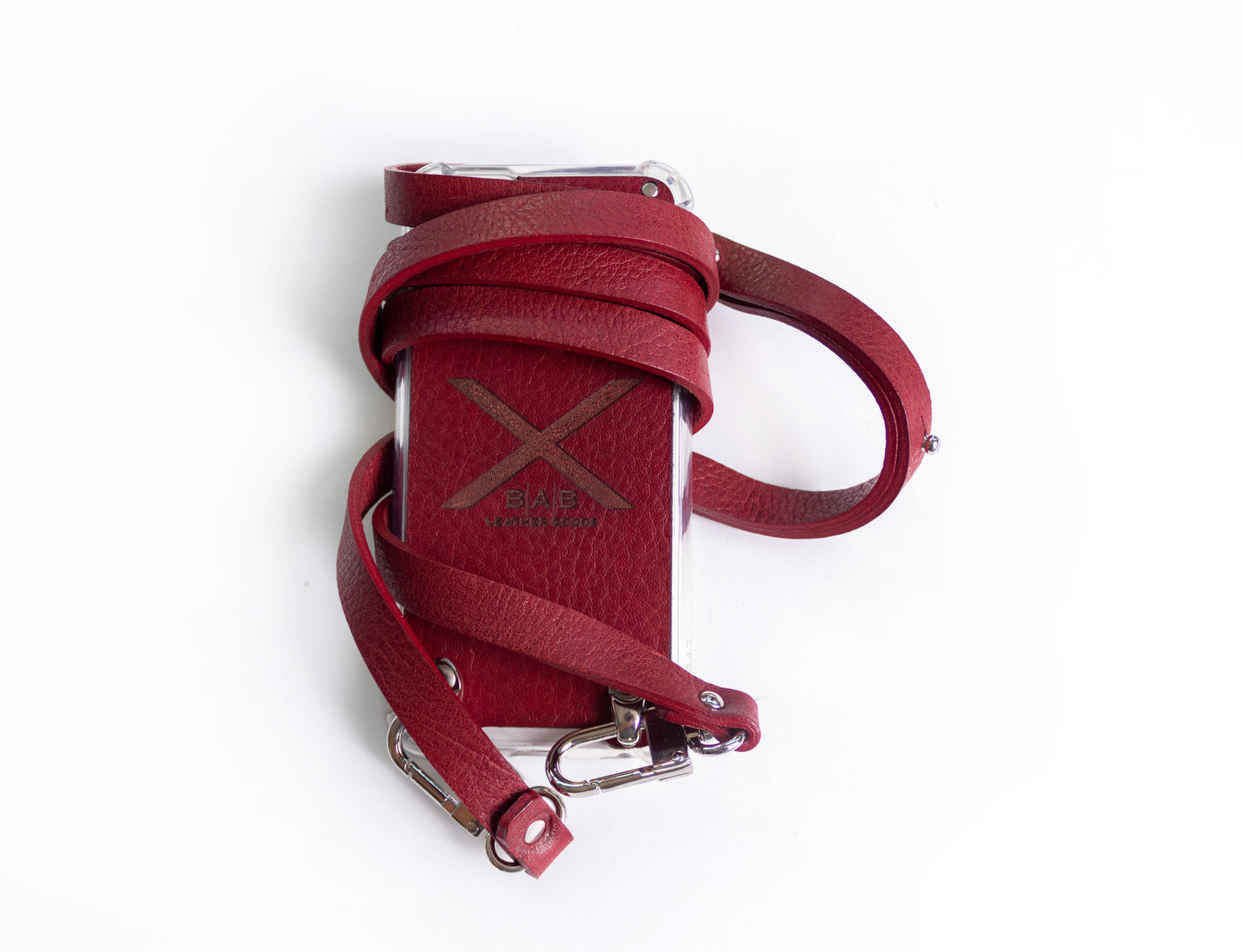 Funda de Cuero Genuino Full-Grain & Crossbody doble para iPhone curtido vegetal al tanino/microfibra, Azul, Marrón, Negro o Rojo con 2 Mosquetones y 3 Peones, todos plateados.- F06