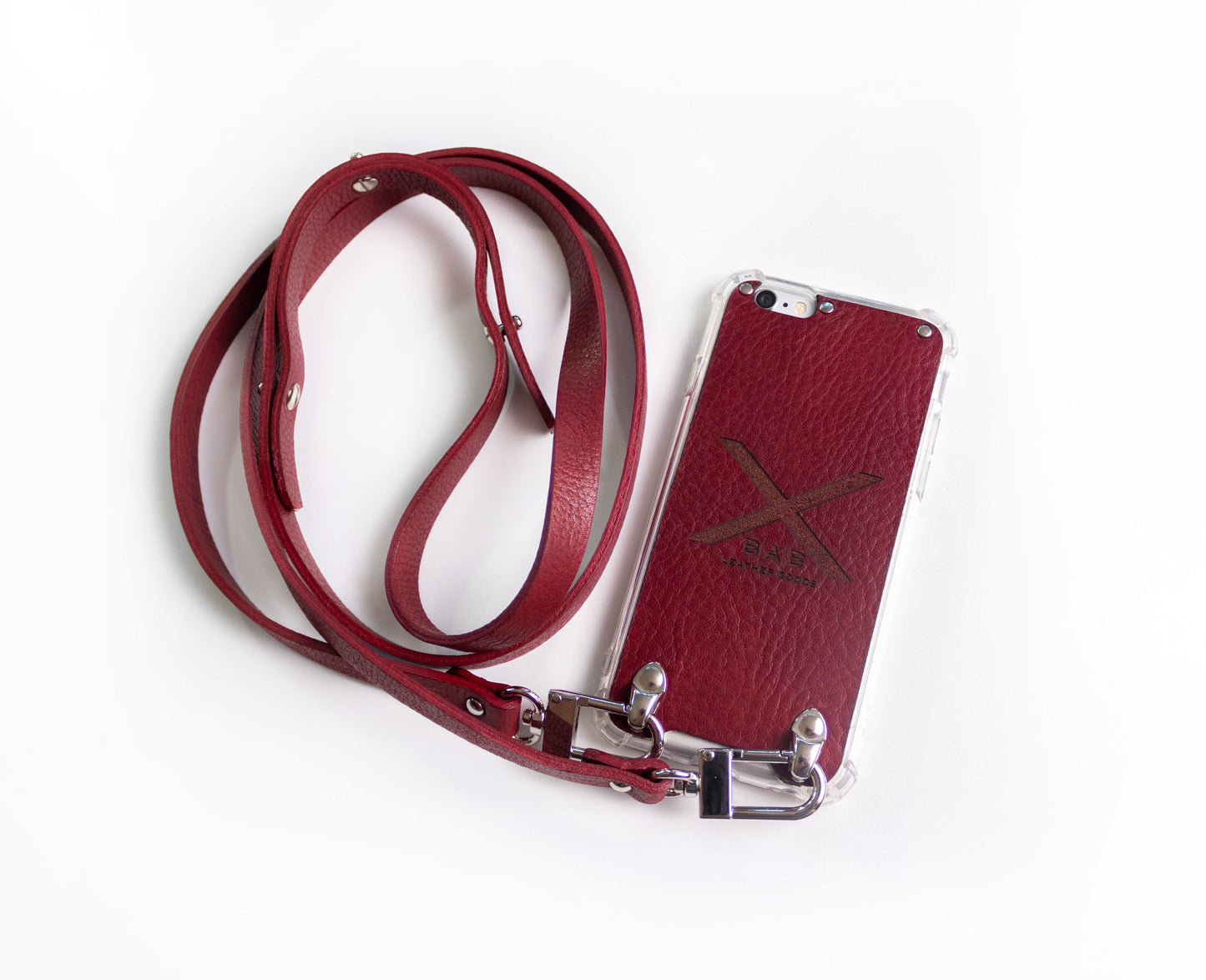 Funda de Cuero Genuino Full-Grain & Crossbody doble para iPhone curtido vegetal al tanino/microfibra, Azul, Marrón, Negro o Rojo con 2 Mosquetones y 3 Peones, todos plateados.- F06
