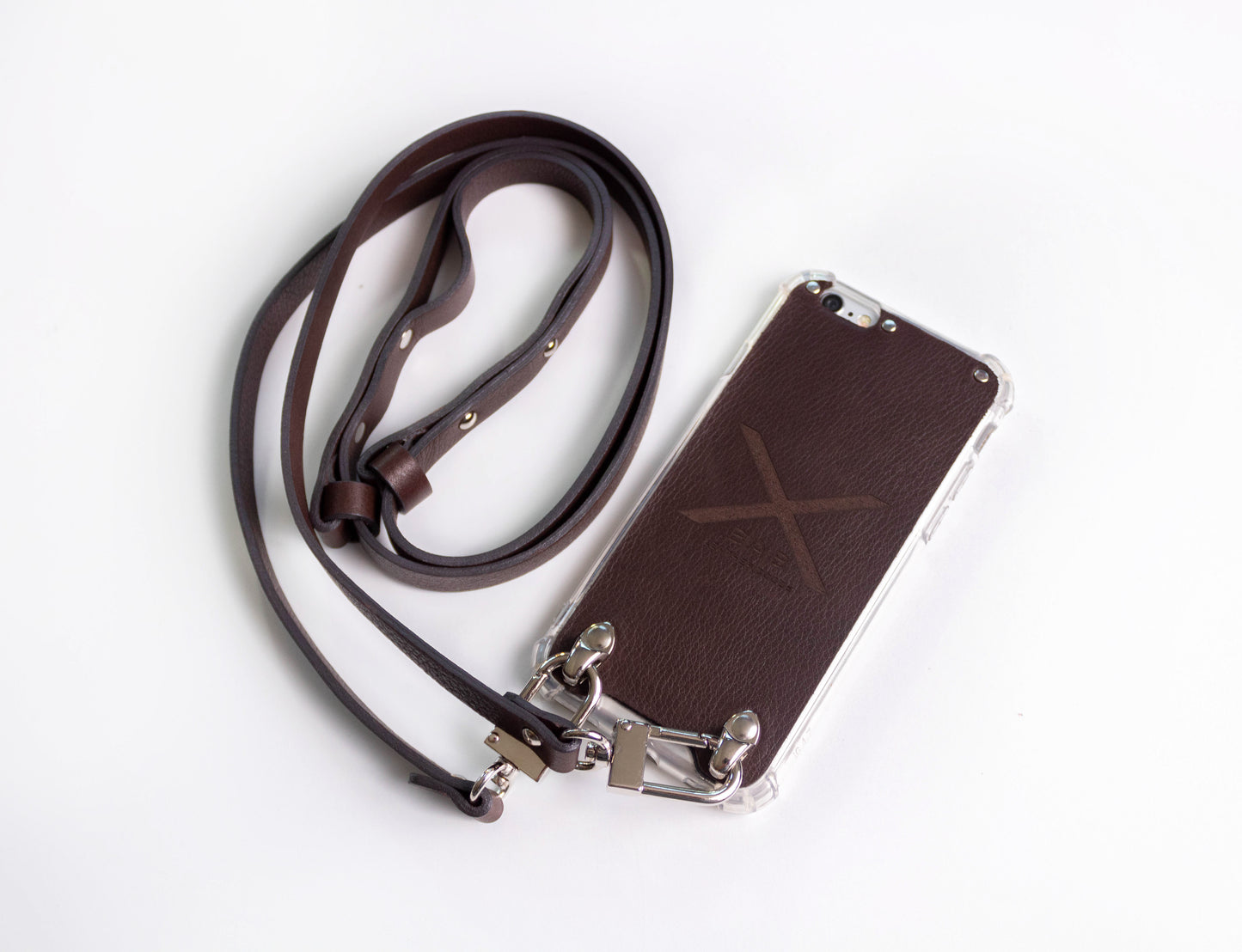 Funda de Cuero Genuino Full-Grain & Crossbody doble para iPhone curtido vegetal al tanino/microfibra, Azul, Marrón, Negro o Rojo con 2 Mosquetones plateados.- F07