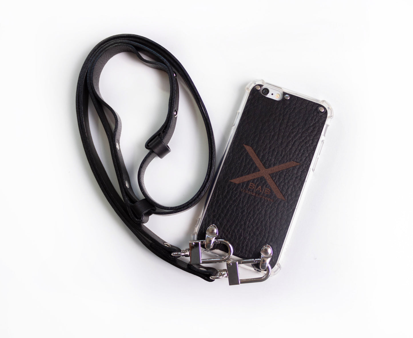Funda de Cuero Genuino Full-Grain & Crossbody doble para iPhone curtido vegetal al tanino/microfibra, Azul, Marrón, Negro o Rojo con 2 Mosquetones plateados.- F07