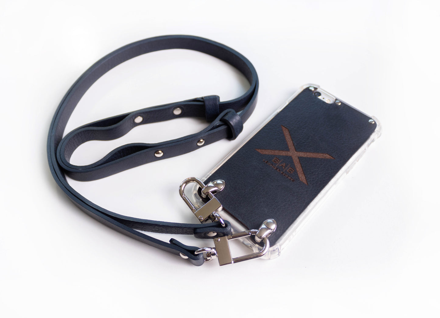 Funda de Cuero Genuino Full-Grain & Crossbody doble para iPhone curtido vegetal al tanino/microfibra, Azul, Marrón, Negro o Rojo con 2 Mosquetones plateados.- F07