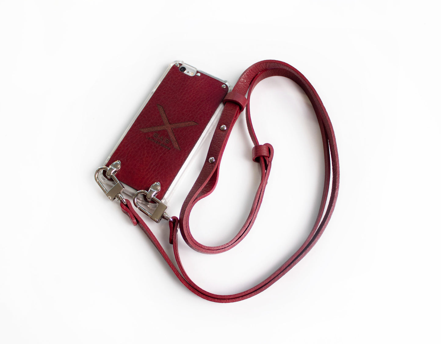 Funda de Cuero Genuino Full-Grain & Crossbody doble para iPhone curtido vegetal al tanino/microfibra, Azul, Marrón, Negro o Rojo con 2 Mosquetones plateados.- F07