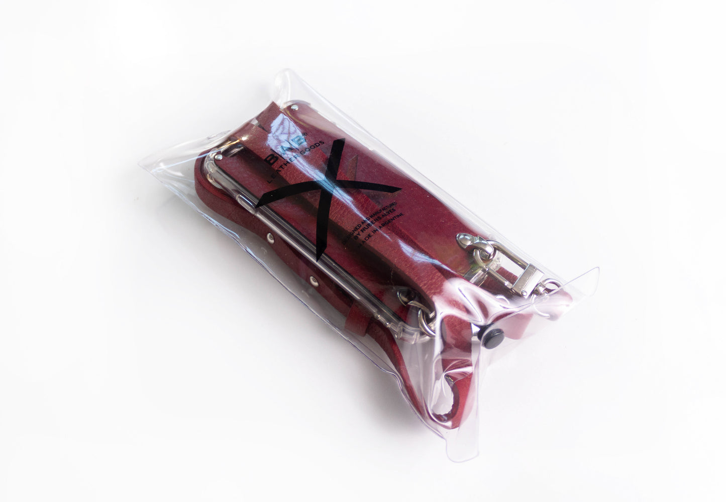 Funda de Cuero Genuino Full-Grain & Crossbody doble para iPhone curtido vegetal al tanino/microfibra, Azul, Marrón, Negro o Rojo con 2 Mosquetones plateados.- F07