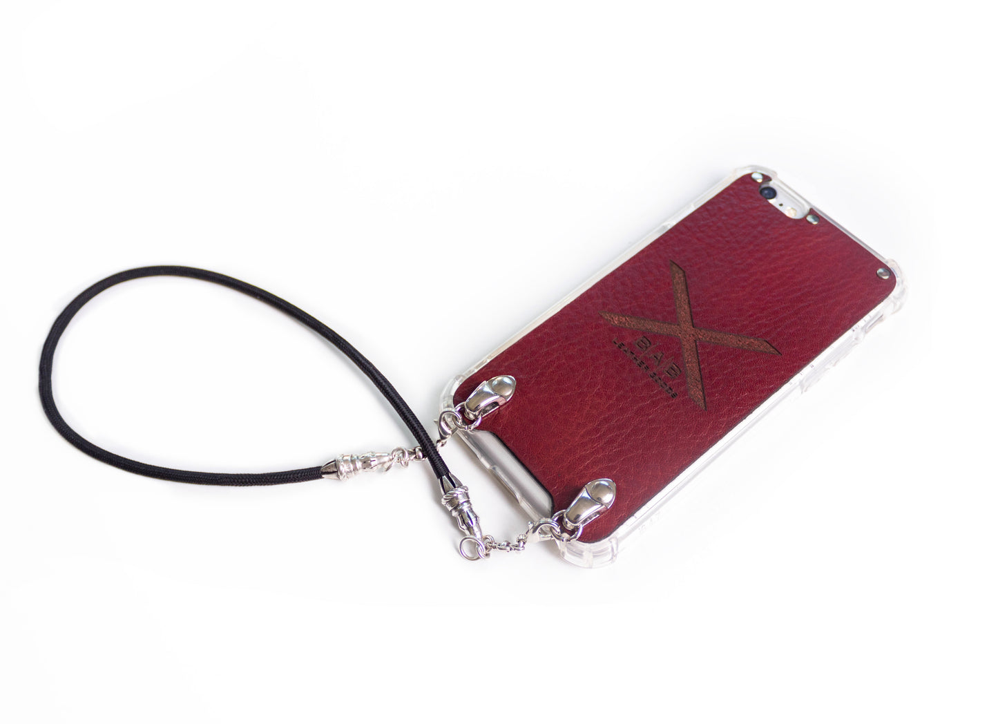 Funda de Cuero Genuino Full-Grain curtido vegetal al tanino cortado y grabado con láser/microfibra. 2 Terminales Cuerda, 2 Eslabones y 6 Argollas, todos de Plata Esterlina 925 para iPhone & Correa/Gargantilla/Pulsera de Cuerda Elástica Negra.- F40