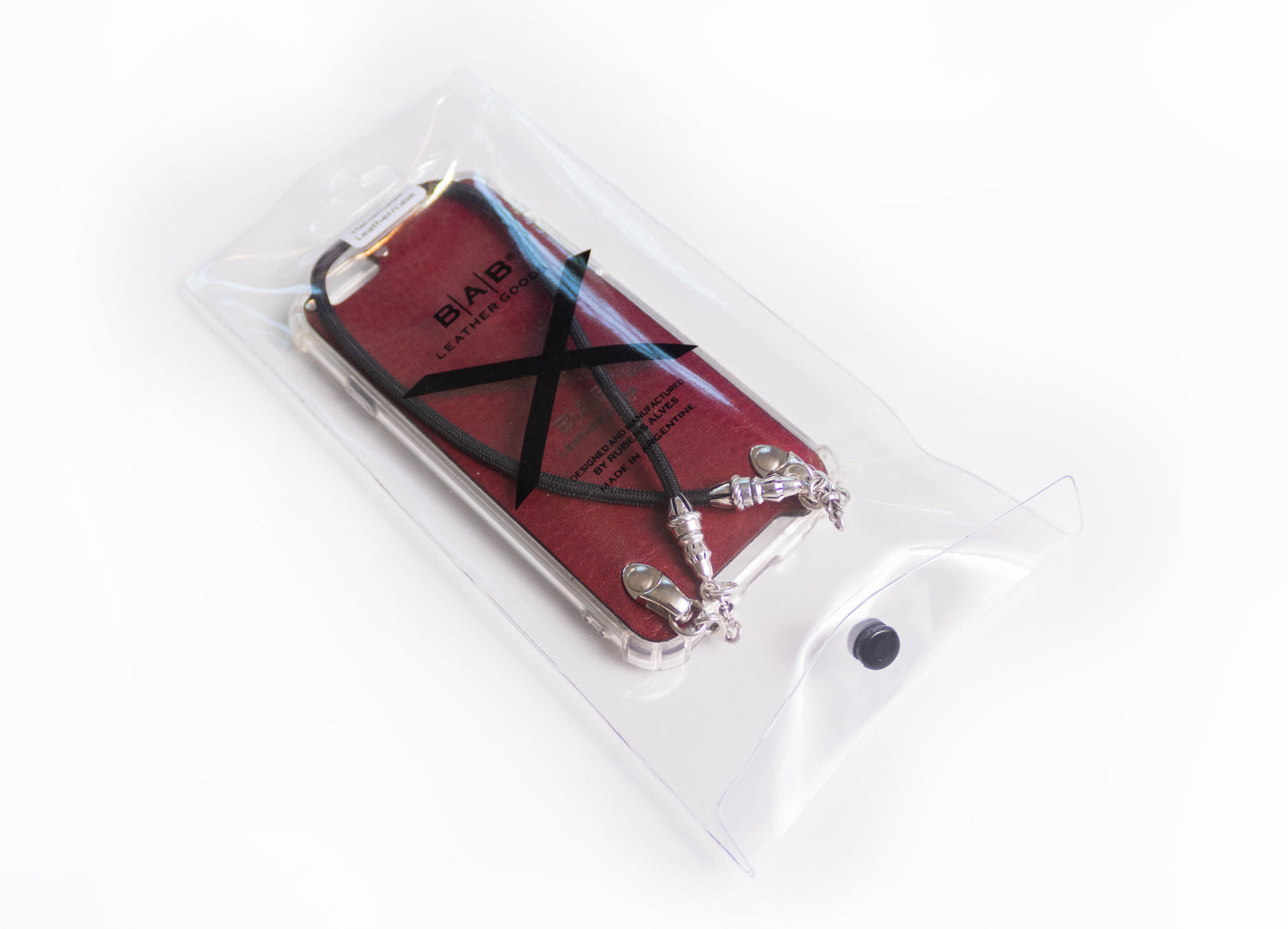 Capa para iPhone de Couro Genuíno Flor Integral curtido vegetal com tanino cortada e gravada a laser/micofibra. 2 Terminais de Dragão, 2 Elos e 6 Argolas, todos feitos de Prata Esterlina 925 & Correia/Gargantilha/Pulseira de Corda Elástica Preta.- F08