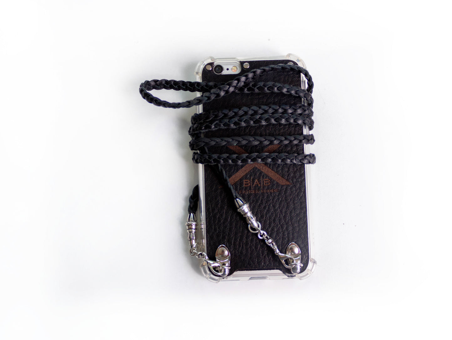 Funda de Cuero Genuino Full-Grain curtido vegetal para iPhone/microfibra. 2 Terminales Cuerda, 2 Eslabones y 6 Argollas, todos de Plata Esterlina 925 & Crossbody/Collar/Gargantilla/Pulsera con tres cabos dobles trenzados a mano, Marrón o Negro.- F14