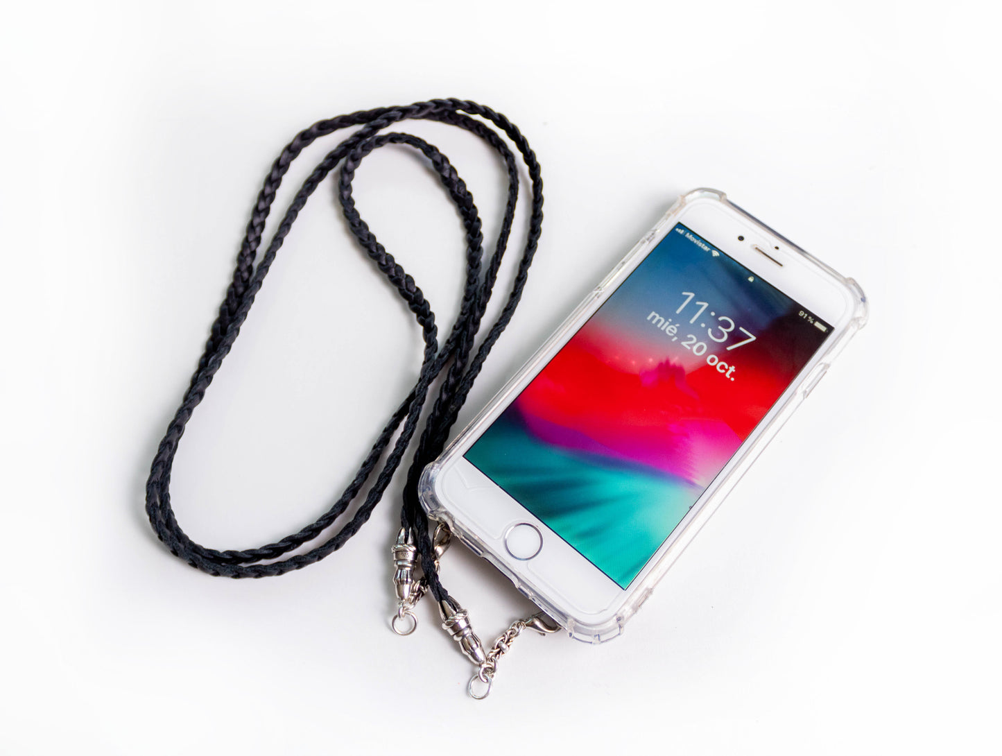 Funda de Cuero Genuino Full-Grain curtido vegetal para iPhone/microfibra. 2 Terminales Cuerda, 2 Eslabones y 6 Argollas, todos de Plata Esterlina 925 & Crossbody/Collar/Gargantilla/Pulsera con tres cabos dobles trenzados a mano, Marrón o Negro.- F14