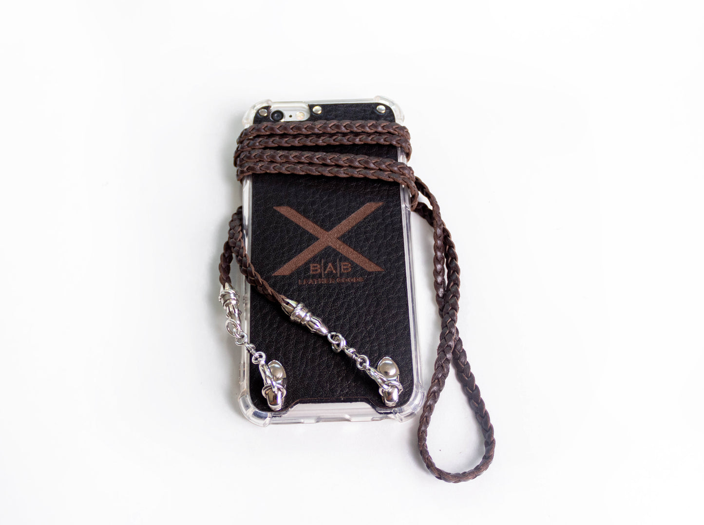 Funda de Cuero Genuino Full-Grain curtido vegetal para iPhone/microfibra. 2 Terminales Cuerda, 2 Eslabones y 6 Argollas, todos de Plata Esterlina 925 & Crossbody/Collar/Gargantilla/Pulsera con tres cabos dobles trenzados a mano, Marrón o Negro.- F14