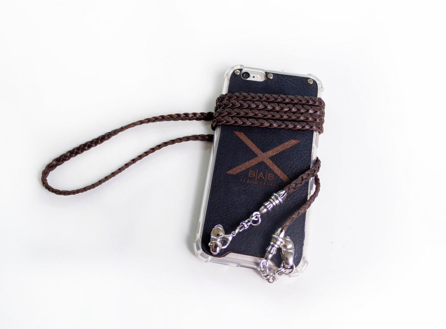 Funda de Cuero Genuino Full-Grain curtido vegetal para iPhone/microfibra. 2 Terminales Cuerda, 2 Eslabones y 6 Argollas, todos de Plata Esterlina 925 & Crossbody/Collar/Gargantilla/Pulsera con tres cabos dobles trenzados a mano, Marrón o Negro.- F14