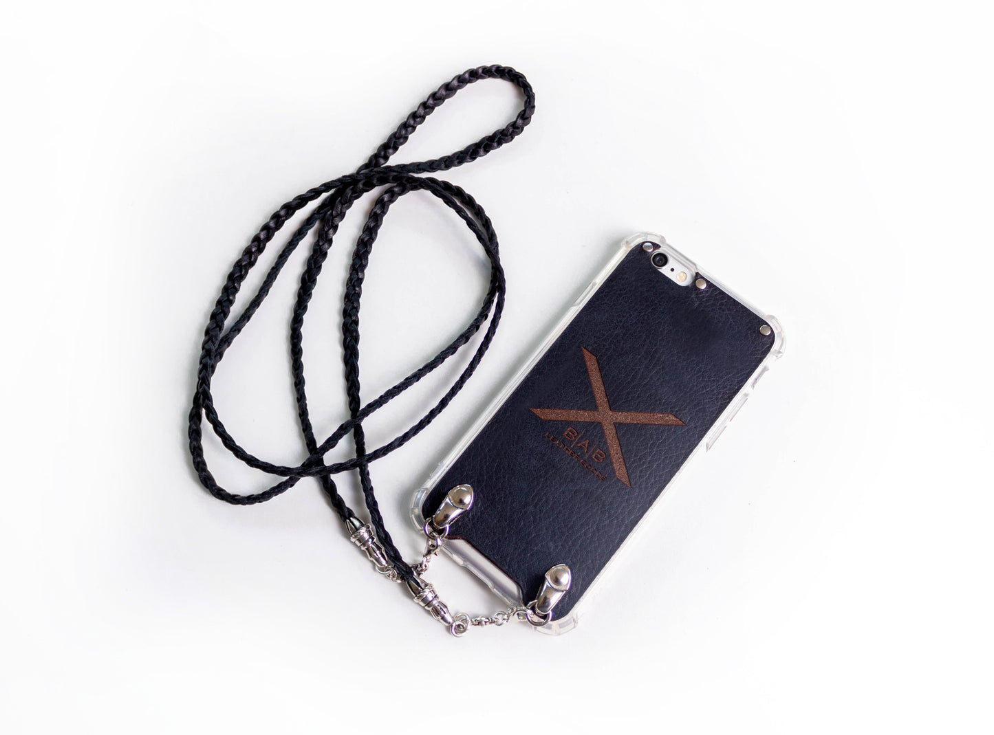 Funda de Cuero Genuino Full-Grain curtido vegetal para iPhone/microfibra. 2 Terminales Cuerda, 2 Eslabones y 6 Argollas, todos de Plata Esterlina 925 & Crossbody/Collar/Gargantilla/Pulsera con tres cabos dobles trenzados a mano, Marrón o Negro.- F14