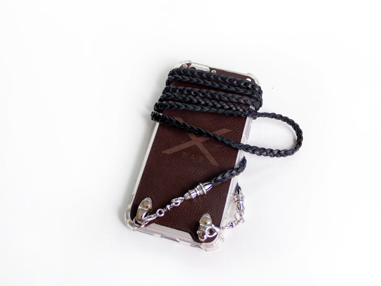 Funda de Cuero Genuino Full-Grain curtido vegetal para iPhone/microfibra. 2 Terminales Cuerda, 2 Eslabones y 6 Argollas, todos de Plata Esterlina 925 & Crossbody/Collar/Gargantilla/Pulsera con tres cabos dobles trenzados a mano, Marrón o Negro.- F14