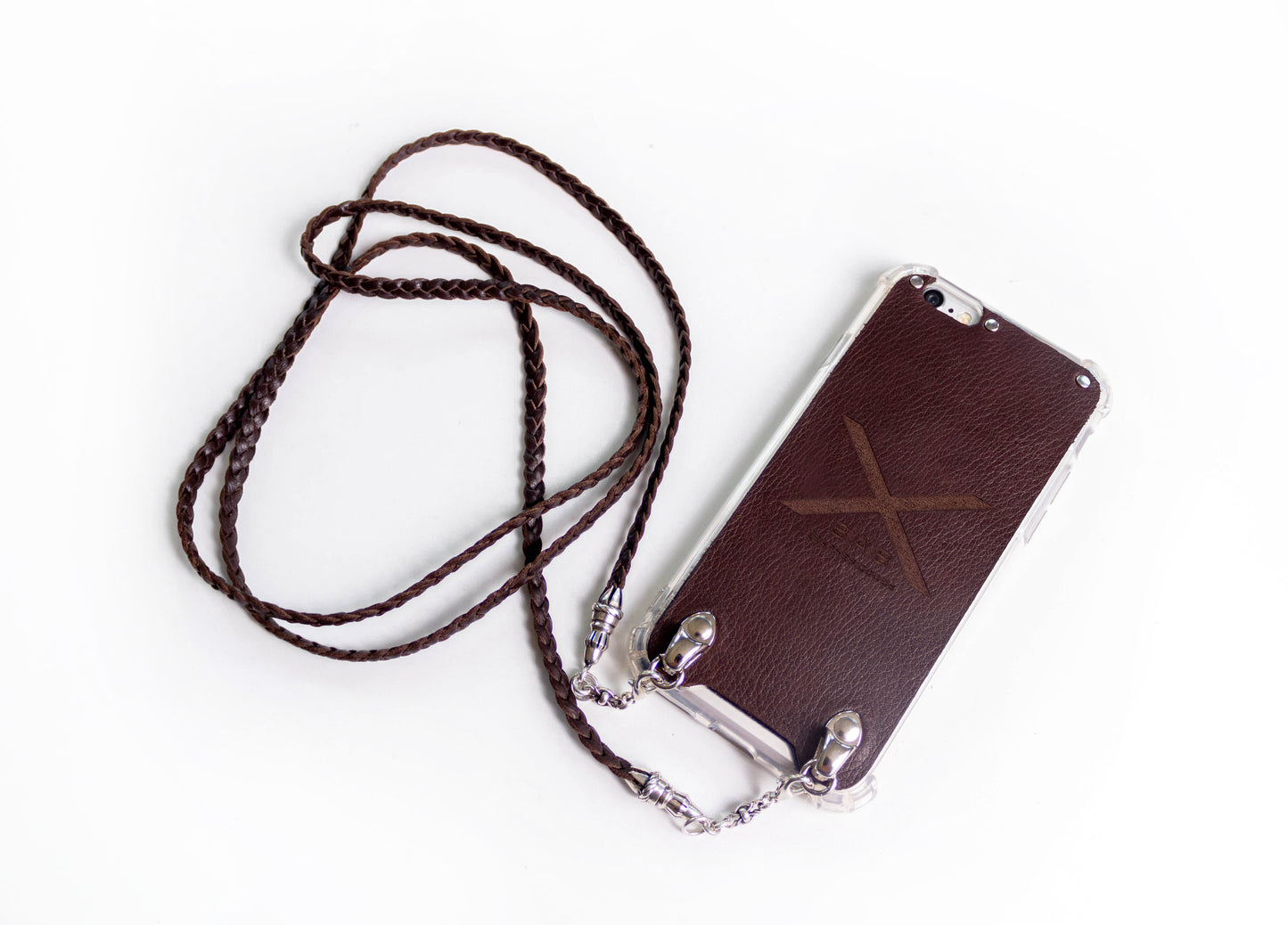 Funda de Cuero Genuino Full-Grain curtido vegetal para iPhone/microfibra. 2 Terminales Cuerda, 2 Eslabones y 6 Argollas, todos de Plata Esterlina 925 & Crossbody/Collar/Gargantilla/Pulsera con tres cabos dobles trenzados a mano, Marrón o Negro.- F14