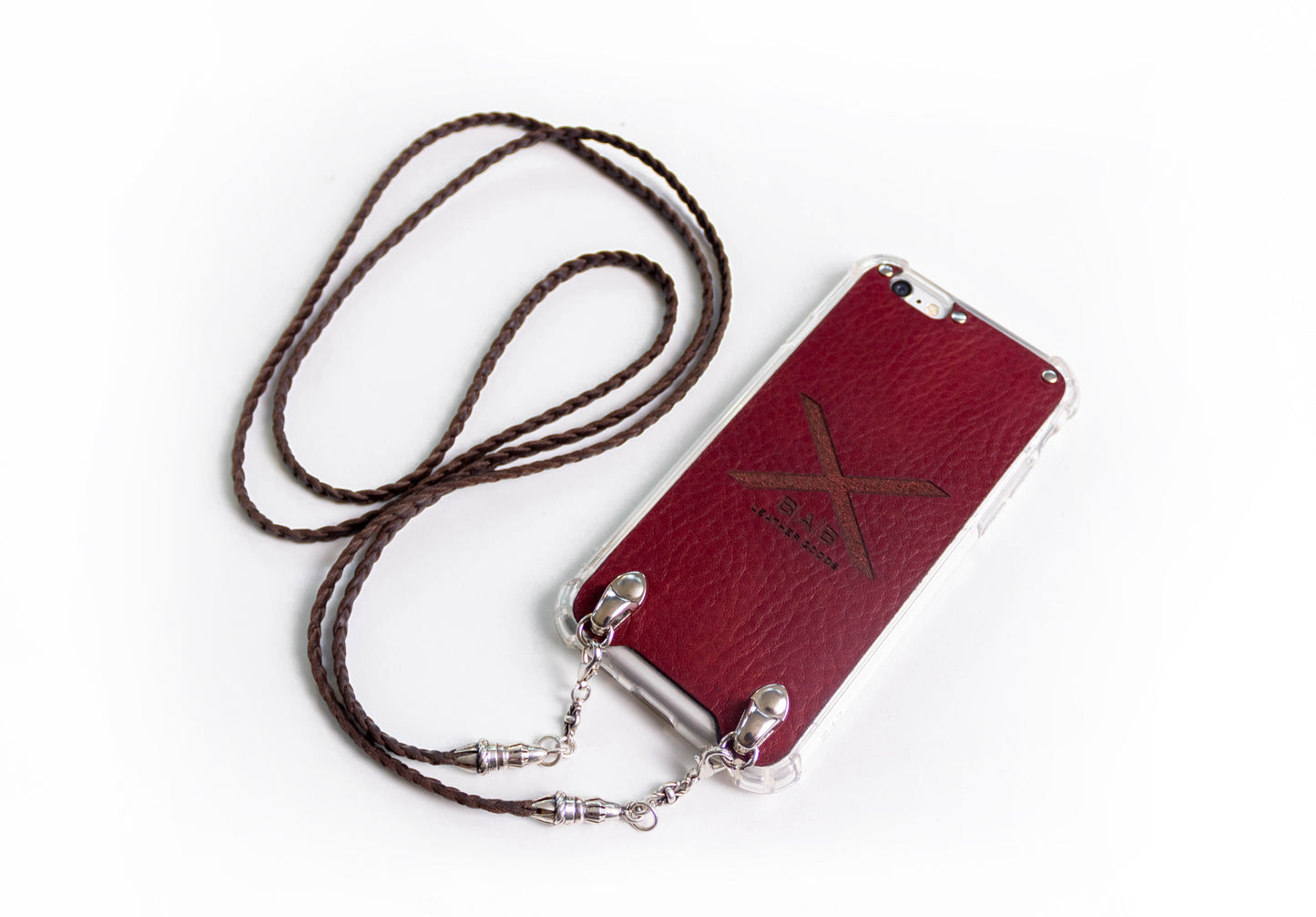 Funda de Cuero Genuino Full-Grain curtido vegetal para iPhone/microfibra. 2 Terminales Cuerda, 2 Eslabones y 6 Argollas, todos de Plata Esterlina 925 & Crossbody/Collar/Gargantilla/Pulsera con tres cabos dobles trenzados a mano, Marrón o Negro.- F14