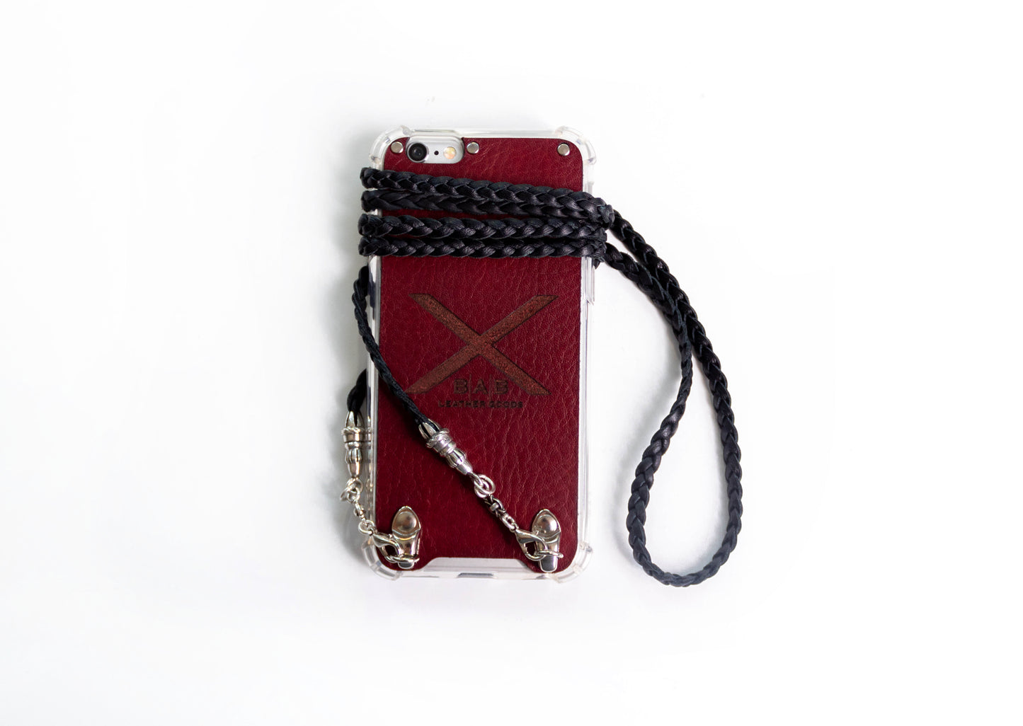 Funda de Cuero Genuino Full-Grain curtido vegetal para iPhone/microfibra. 2 Terminales Cuerda, 2 Eslabones y 6 Argollas, todos de Plata Esterlina 925 & Crossbody/Collar/Gargantilla/Pulsera con tres cabos dobles trenzados a mano, Marrón o Negro.- F14