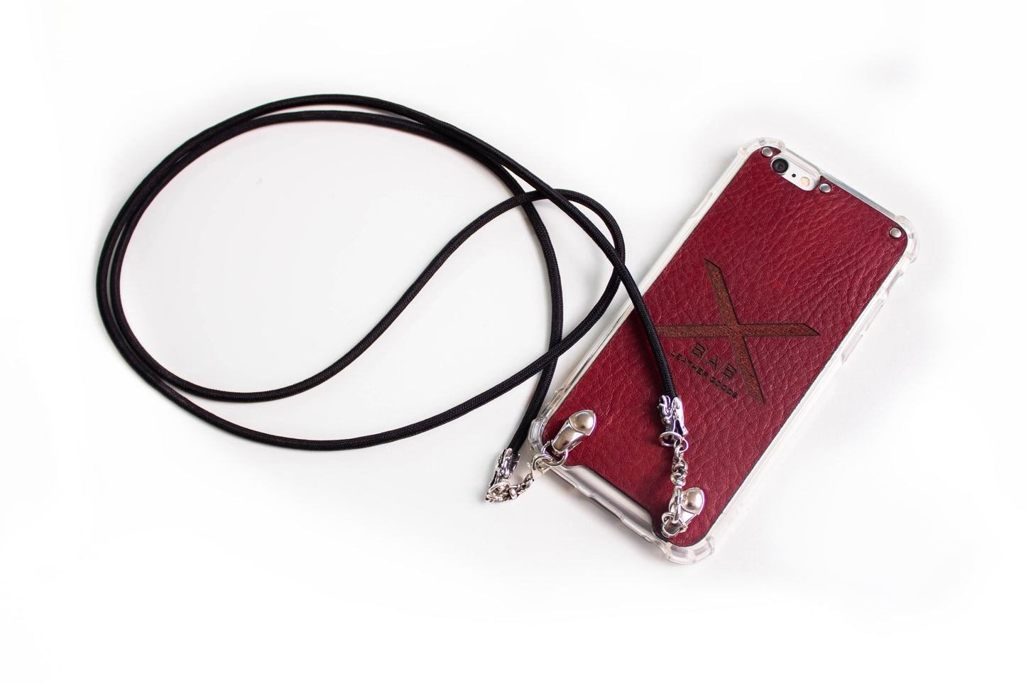 Full-Grain vegetable-tanned Genuine Leather Case for iPhone/microfiber & 2 Dragon Terminals, 2 Links, and 6 Rings, all made of 925 Sterling Silver & Black Elastic Rope Crossbody/Necklace/Choker/Bracelet.- F09