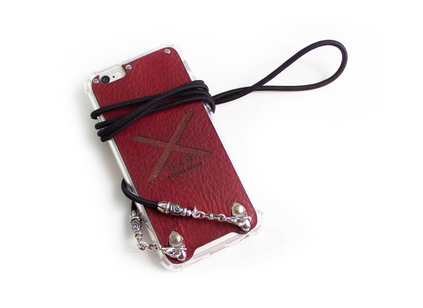 Capa para iPhone de Couro Genuíno Flor Integral curtido vegetal com tanino cortada e gravada a laser/microfibra. 2 Terminais de Dragão, 2 Elos e 6 Argolas, todos feitos de Prata Esterlina 925 & Crossbody/Colar/Pulseira de Corda Elástica Preta.- F11