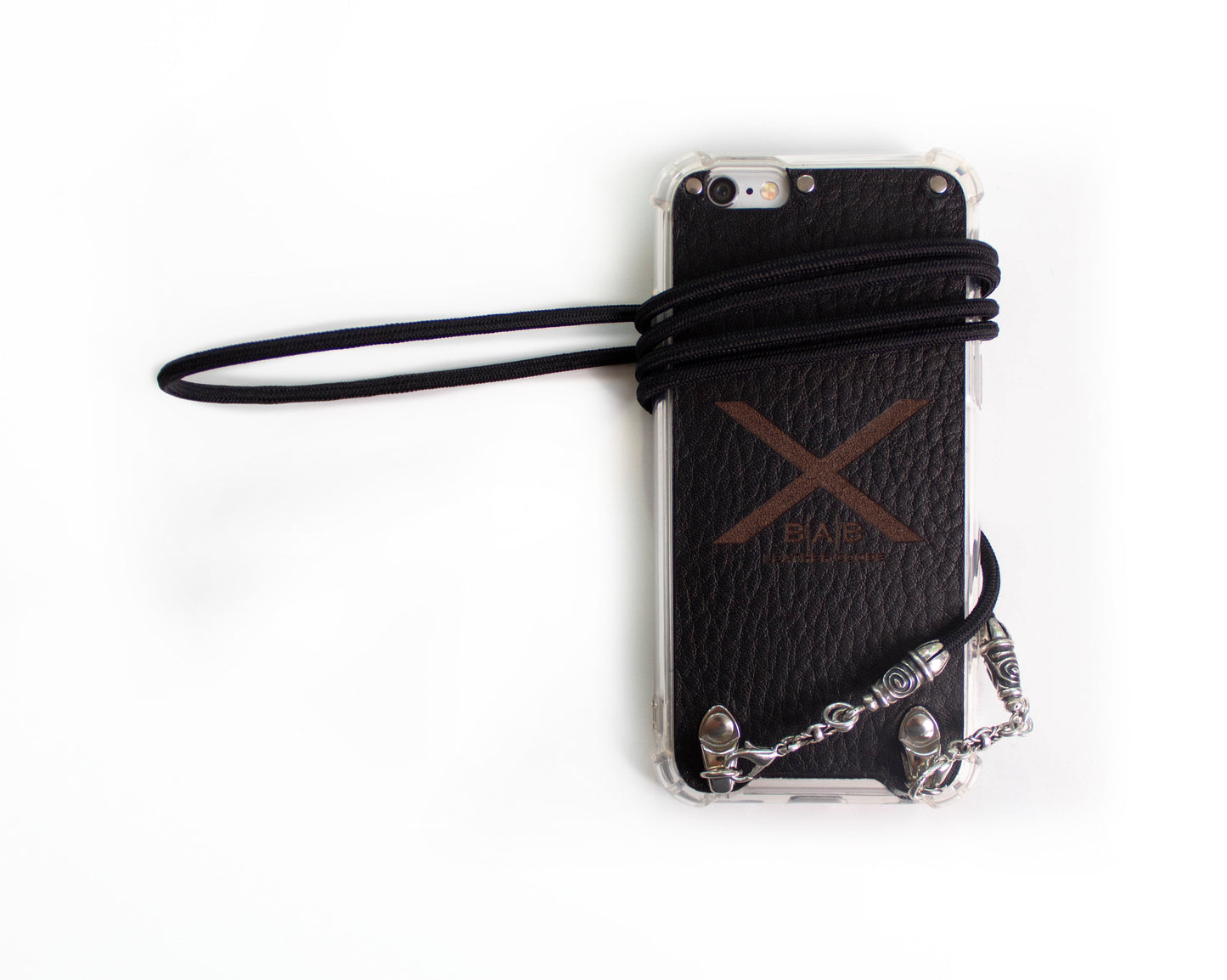 Capa para iPhone de Couro Genuíno Flor Integral curtido vegetal com tanino cortada e gravada a laser/microfibra. 2 Terminais de Dragão, 2 Elos e 6 Argolas, todos feitos de Prata Esterlina 925 & Crossbody/Colar/Pulseira de Corda Elástica Preta.- F11