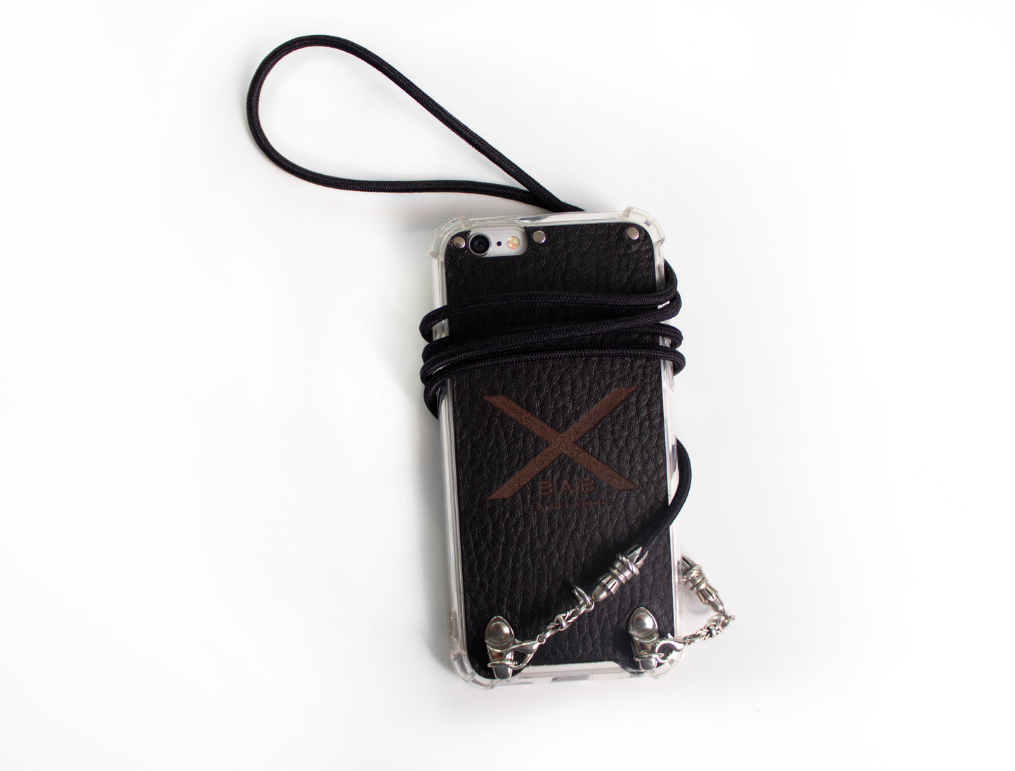 Capa para iPhone de Couro Genuíno Flor Integral curtido vegetal com tanino cortada e gravada a laser/microfibra. 2 Terminais de Corda, 2 Elos e 6 Argolas, todos feitos de Prata 925 & Crossbody/Colar/Pulseira de Corda Elástica Preta.- F29