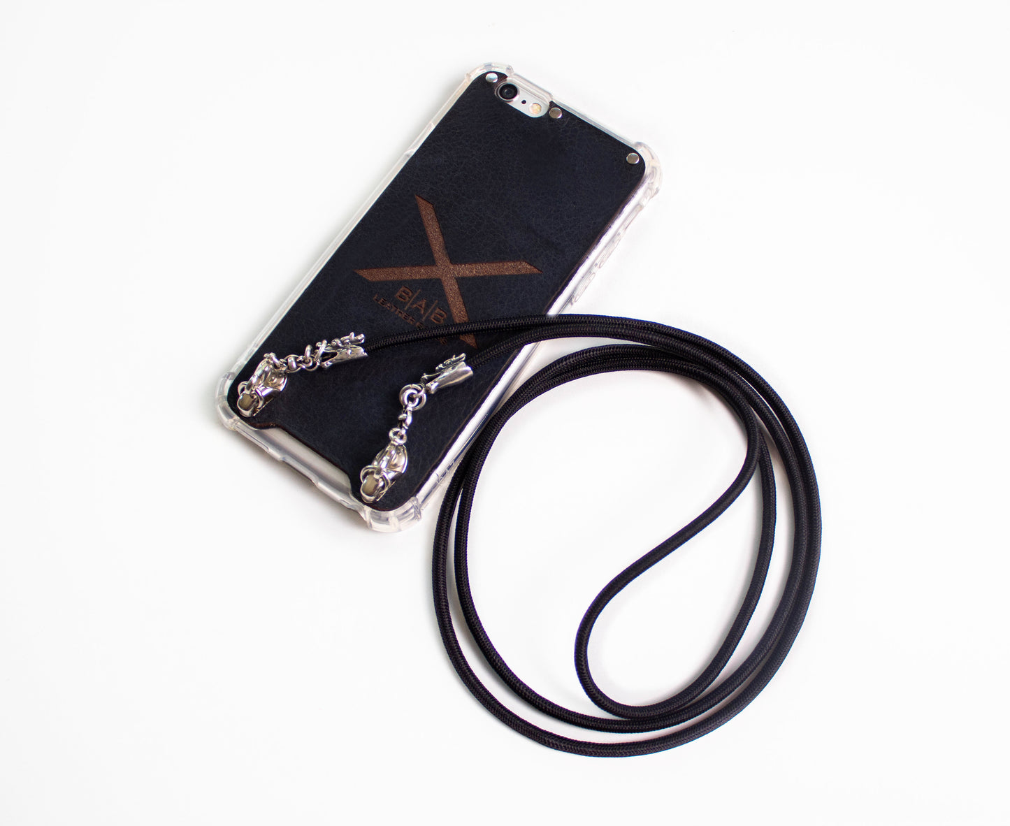 Full-Grain vegetable-tanned Genuine Leather Case for iPhone/microfiber & 2 Dragon Terminals, 2 Links, and 6 Rings, all made of 925 Sterling Silver & Black Elastic Rope Crossbody/Necklace/Choker/Bracelet.- F09