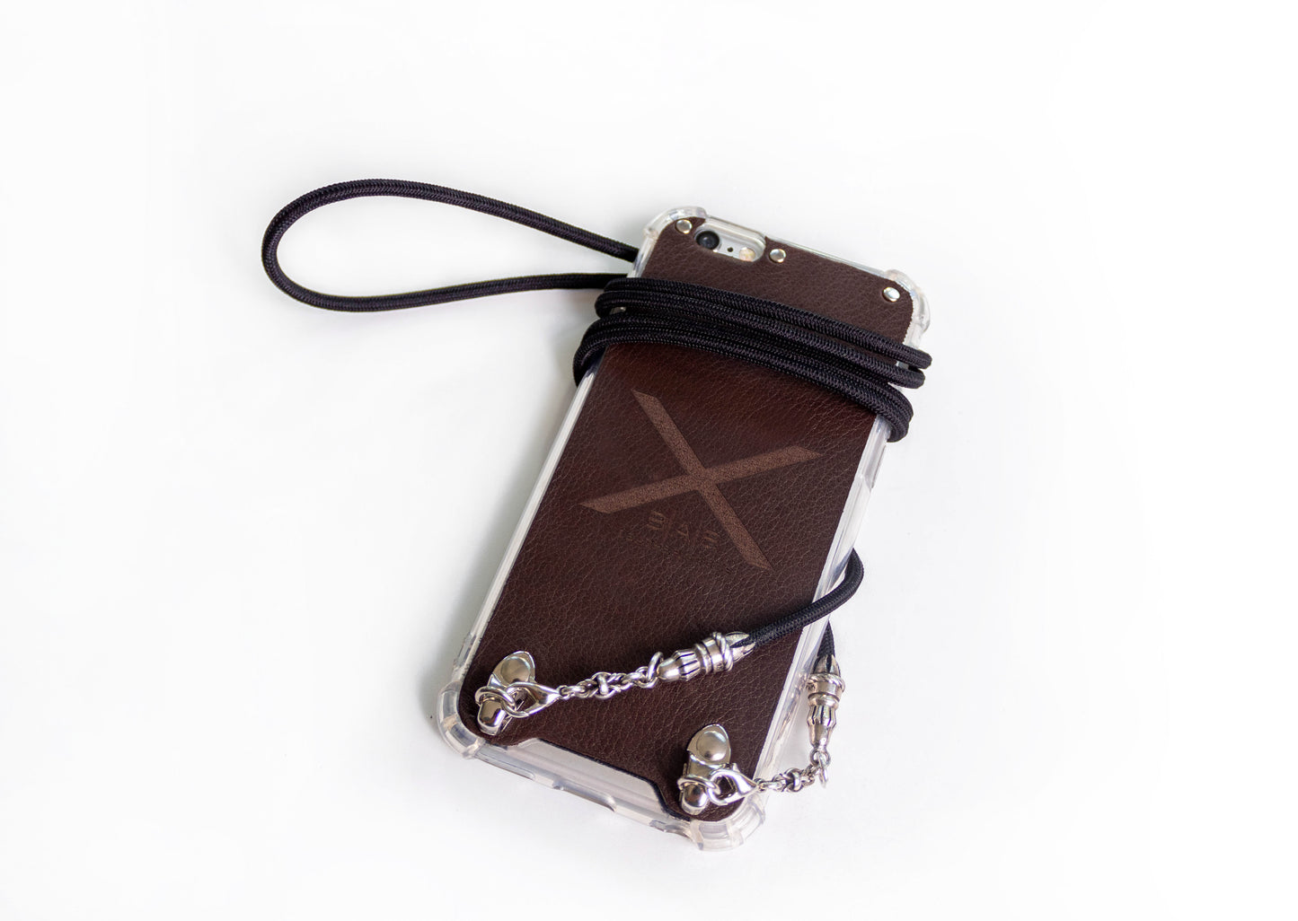 Capa para iPhone de Couro Genuíno Flor Integral curtido vegetal com tanino cortada e gravada a laser/microfibra. 2 Terminais de Corda, 2 Elos e 6 Argolas, todos feitos de Prata 925 & Crossbody/Colar/Pulseira de Corda Elástica Preta.- F29