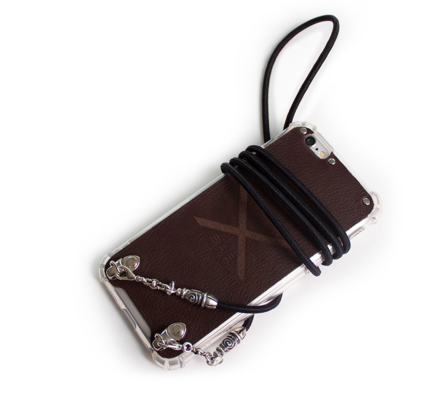Capa para iPhone de Couro Genuíno Flor Integral curtido vegetal com tanino cortada e gravada a laser/microfibra. 2 Terminais de Dragão, 2 Elos e 6 Argolas, todos feitos de Prata Esterlina 925 & Crossbody/Colar/Pulseira de Corda Elástica Preta.- F11