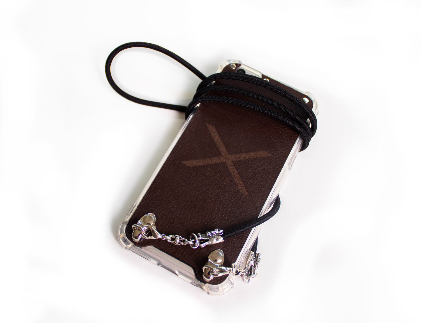 Full-Grain vegetable-tanned Genuine Leather Case for iPhone/microfiber & 2 Dragon Terminals, 2 Links, and 6 Rings, all made of 925 Sterling Silver & Black Elastic Rope Crossbody/Necklace/Choker/Bracelet.- F09