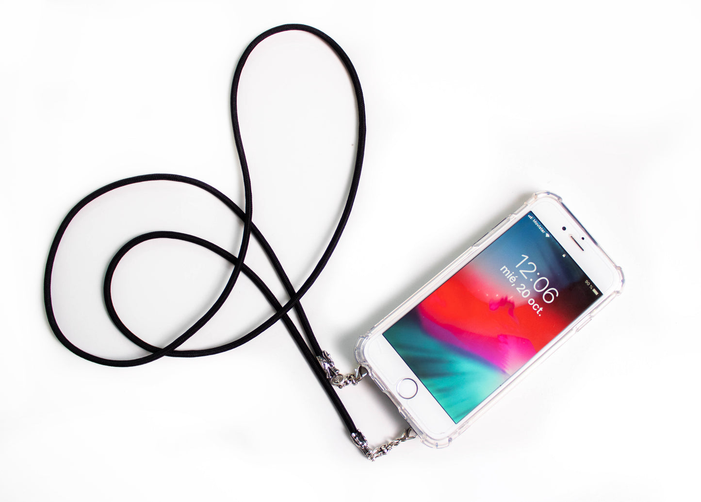 Full-Grain vegetable-tanned Genuine Leather Case for iPhone/microfiber & 2 Dragon Terminals, 2 Links, and 6 Rings, all made of 925 Sterling Silver & Black Elastic Rope Crossbody/Necklace/Choker/Bracelet.- F09