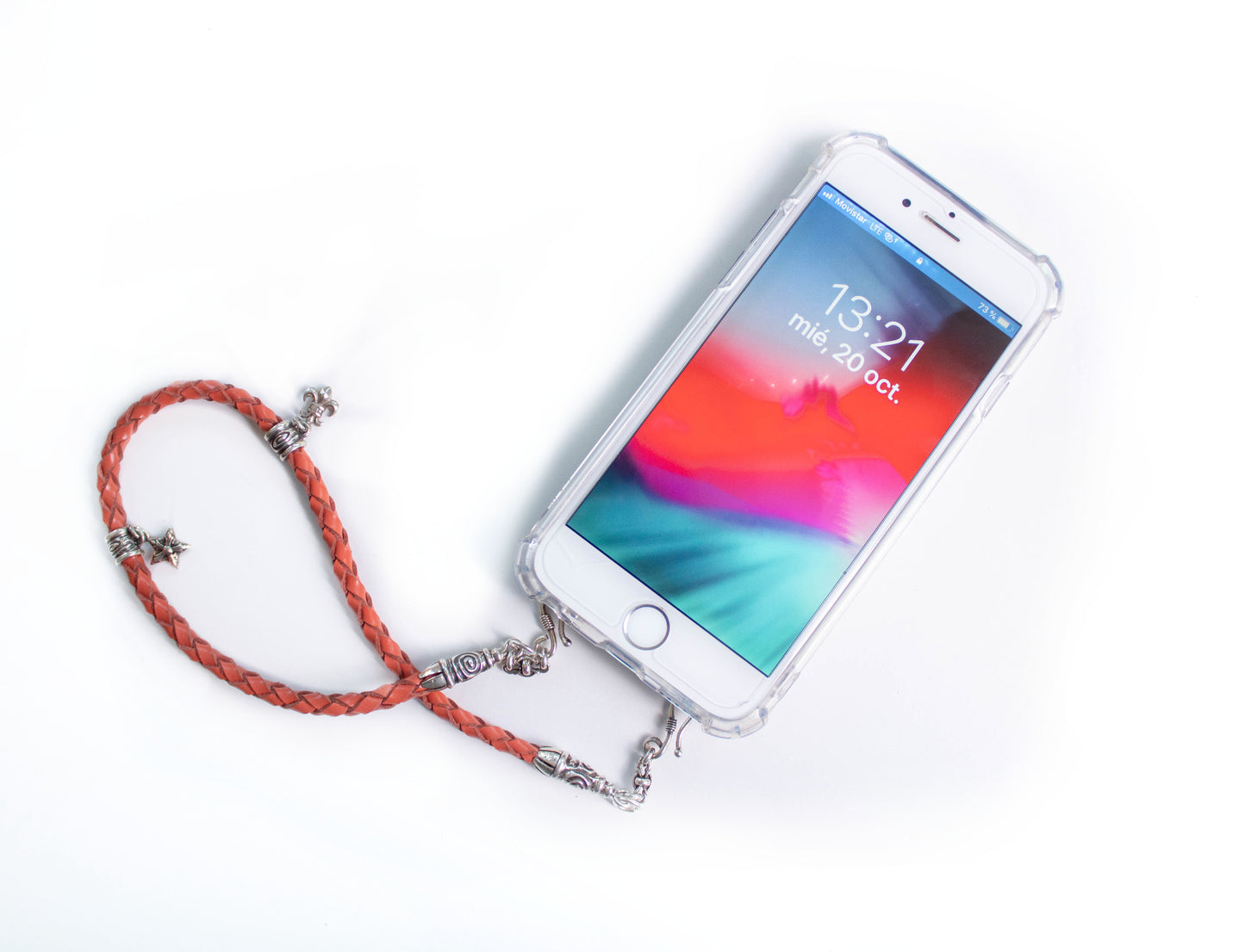 Funda de Cuero Genuino Full-Grain curtido vegetal. 2 Terminales en Espiral, 2 Eslabones, 2 Cierres S, 2 Pasadores con 2 Pendientes y 8 Argollas, de Plata 925 para iPhone/microfibra & Correa/Gargantilla/Pulsera Cuero Naranja 4 cabos trenzados a mano.- F02