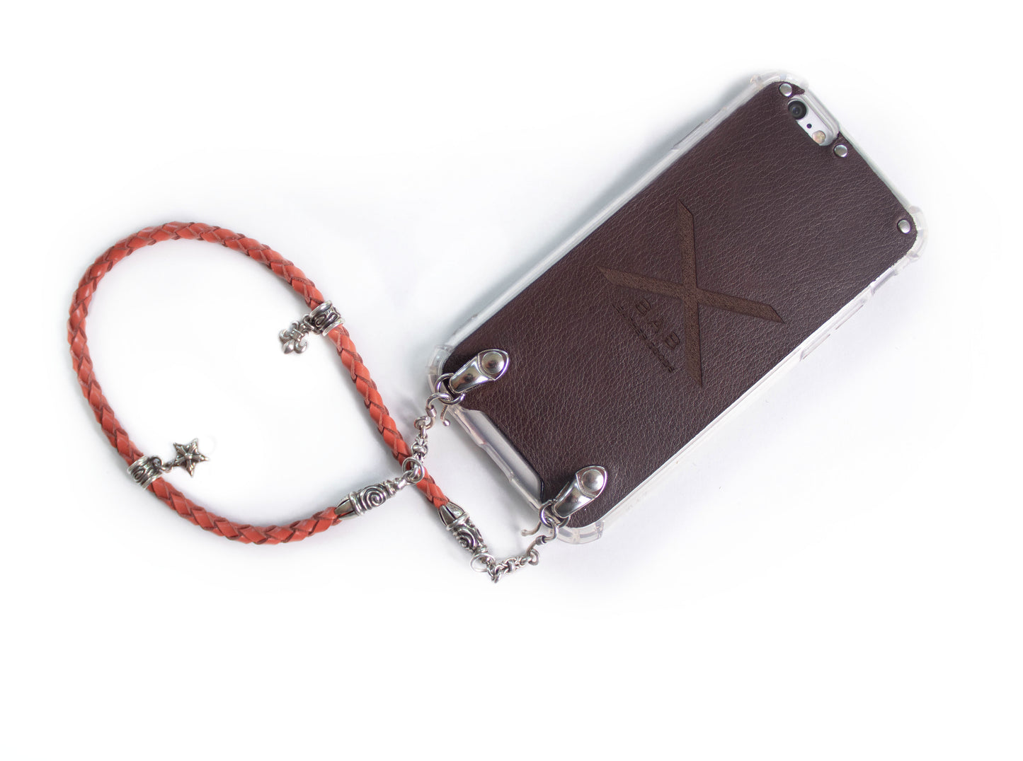 Funda de Cuero Genuino Full-Grain curtido vegetal. 2 Terminales en Espiral, 2 Eslabones, 2 Cierres S, 2 Pasadores con 2 Pendientes y 8 Argollas, de Plata 925 para iPhone/microfibra & Correa/Gargantilla/Pulsera Cuero Naranja 4 cabos trenzados a mano.- F02