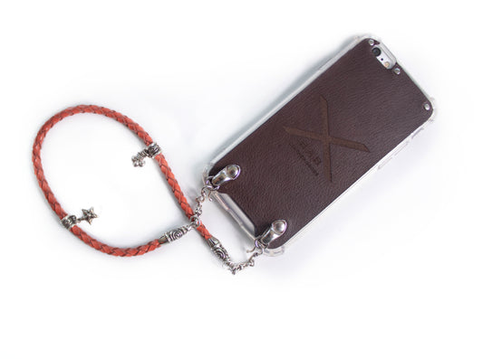 Full-Grain vegetable-tanned Genuine Leather Case. 2 Spiral Terminals, 2 Links, 2 S-Clasps, 2 Pendant Pins, and 8 Rings, all made of 925 Sterling Silver iPhone Case/microfiber & 4-Strands Hand-braided Orange Leather Strap/Choker/Bracelet.- F02