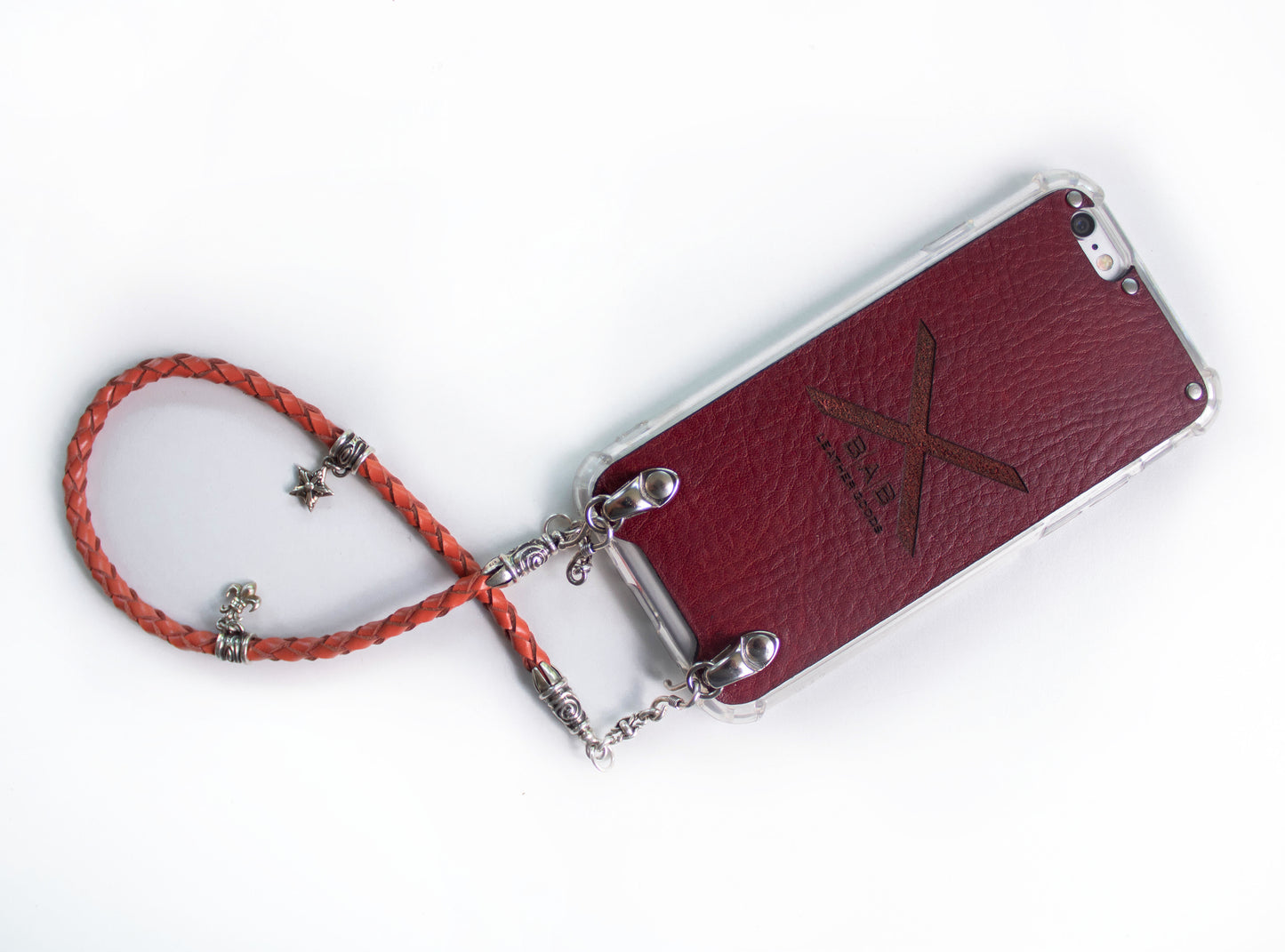 Funda de Cuero Genuino Full-Grain curtido vegetal. 2 Terminales en Espiral, 2 Eslabones, 2 Cierres S, 2 Pasadores con 2 Pendientes y 8 Argollas, de Plata 925 para iPhone/microfibra & Correa/Gargantilla/Pulsera Cuero Naranja 4 cabos trenzados a mano.- F02