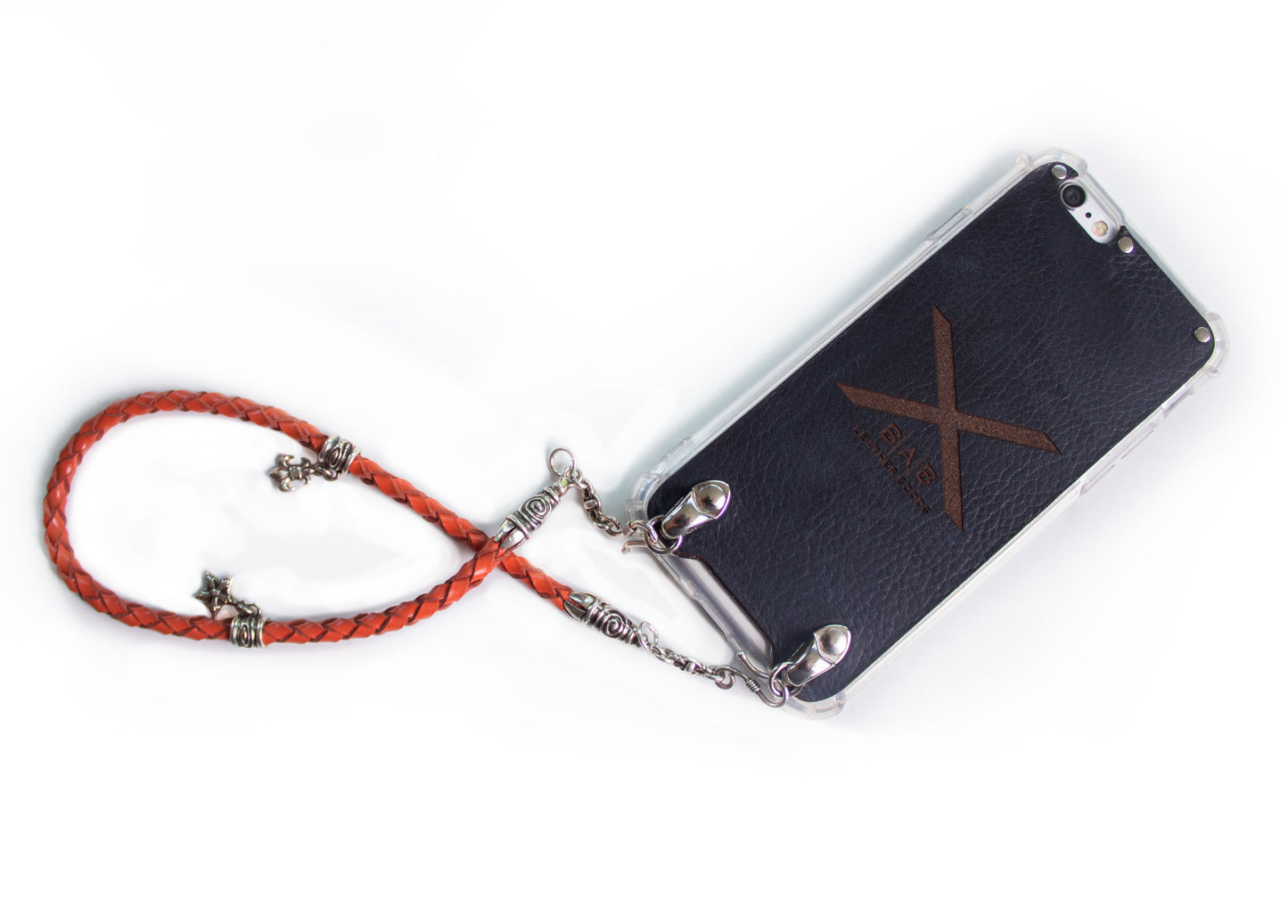 Funda de Cuero Genuino Full-Grain curtido vegetal. 2 Terminales en Espiral, 2 Eslabones, 2 Cierres S, 2 Pasadores con 2 Pendientes y 8 Argollas, de Plata 925 para iPhone/microfibra & Correa/Gargantilla/Pulsera Cuero Naranja 4 cabos trenzados a mano.- F02