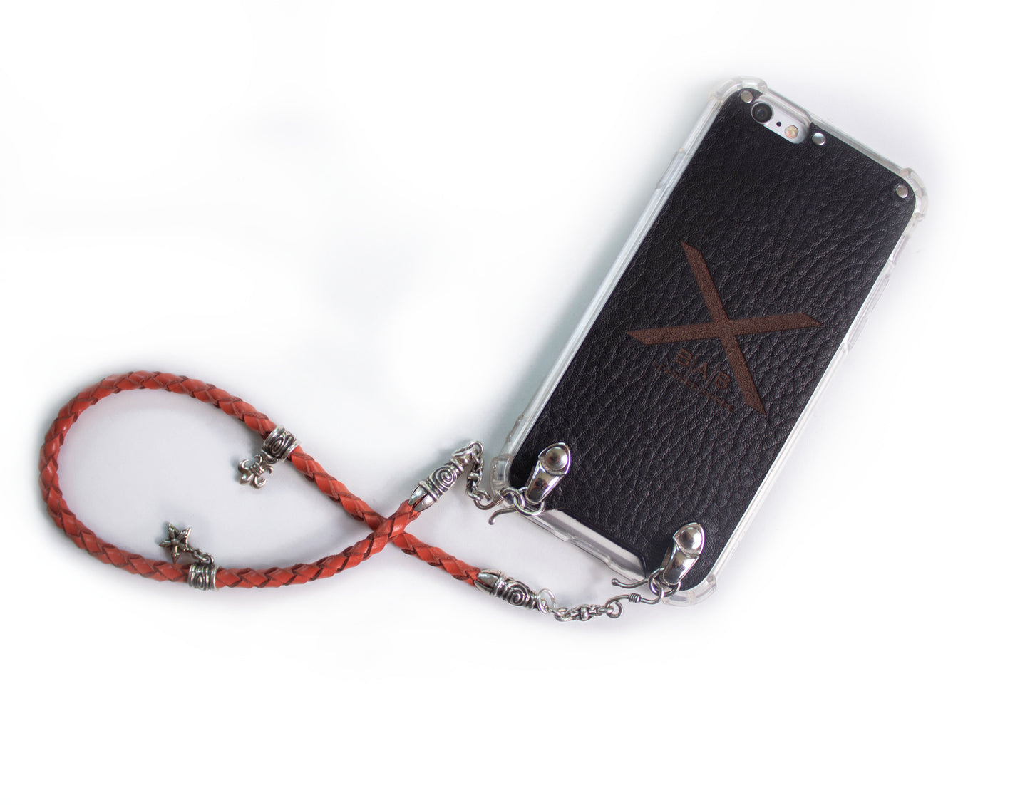 Funda de Cuero Genuino Full-Grain curtido vegetal. 2 Terminales en Espiral, 2 Eslabones, 2 Cierres S, 2 Pasadores con 2 Pendientes y 8 Argollas, de Plata 925 para iPhone/microfibra & Correa/Gargantilla/Pulsera Cuero Naranja 4 cabos trenzados a mano.- F02