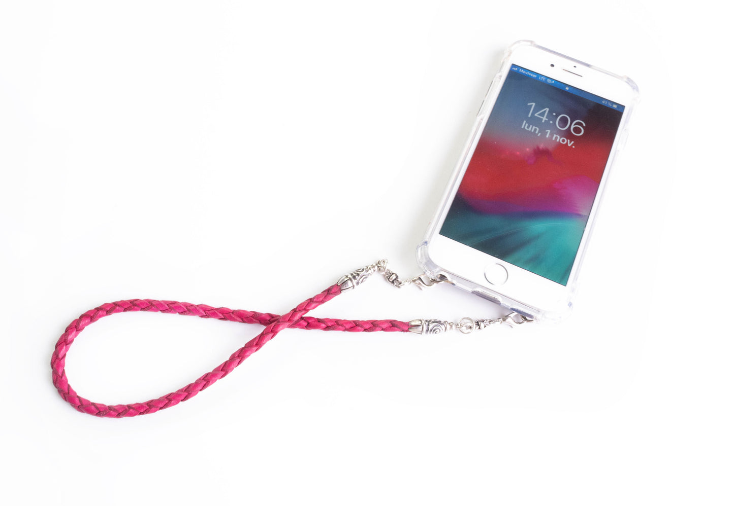 2 Spiral Terminals, 2 Links, and 6 Rings, all made of 925 Sterling Silver for iPhone & Fuchsia Full-Grain Genuine Leather Case/Strap/Choker/Bracelet with 4 hand braided strands.- F22